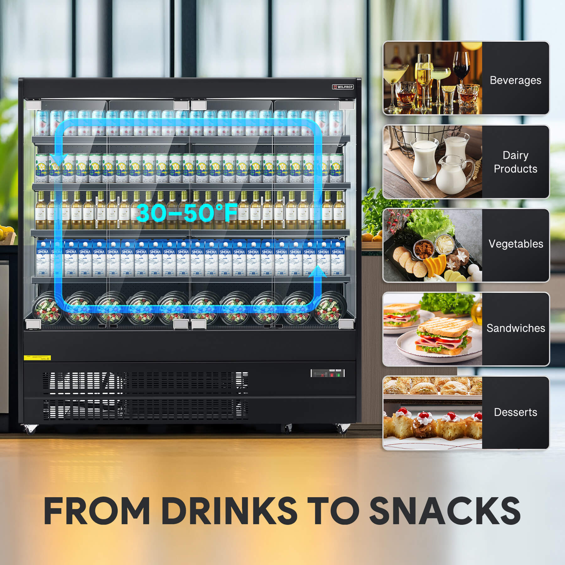 Multi-purpose glass display refrigerator for drinks, dairy, vegetables, and desserts.