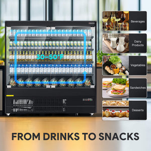 Multi-purpose glass display refrigerator for drinks, dairy, vegetables, and desserts.
