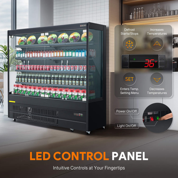 Wilprep 76-inch black 3-sided glass display refrigerator with LED control panel offering intuitive, precise temperature and lighting control.