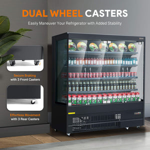 Wilprep 76-inch black 3-sided glass display refrigerator equipped with dual wheel casters for easy maneuverability, stable support, and reliable front braking.