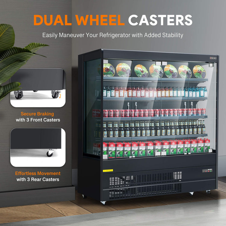 Wilprep 76-inch black 3-sided glass display refrigerator equipped with dual wheel casters for easy maneuverability, stable support, and reliable front braking.
