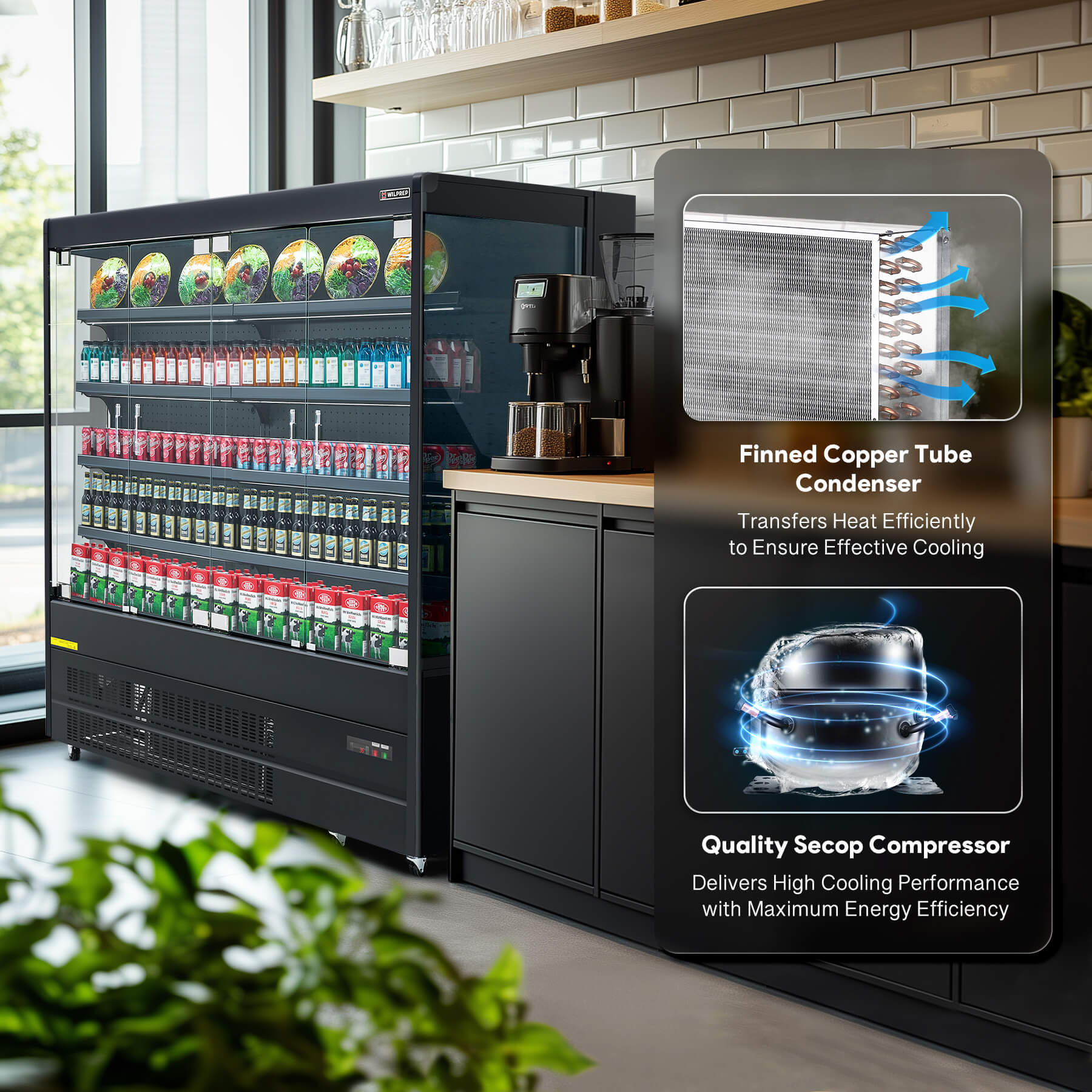 Wilprep 76-inch black 3-sided glass display refrigerator with 29.7 cu. ft. capacity, featuring a finned copper tube condenser and Secop compressor for superior cooling efficiency and energy savings.