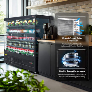 Wilprep 76-inch black 3-sided glass display refrigerator with 29.7 cu. ft. capacity, featuring a finned copper tube condenser and Secop compressor for superior cooling efficiency and energy savings.