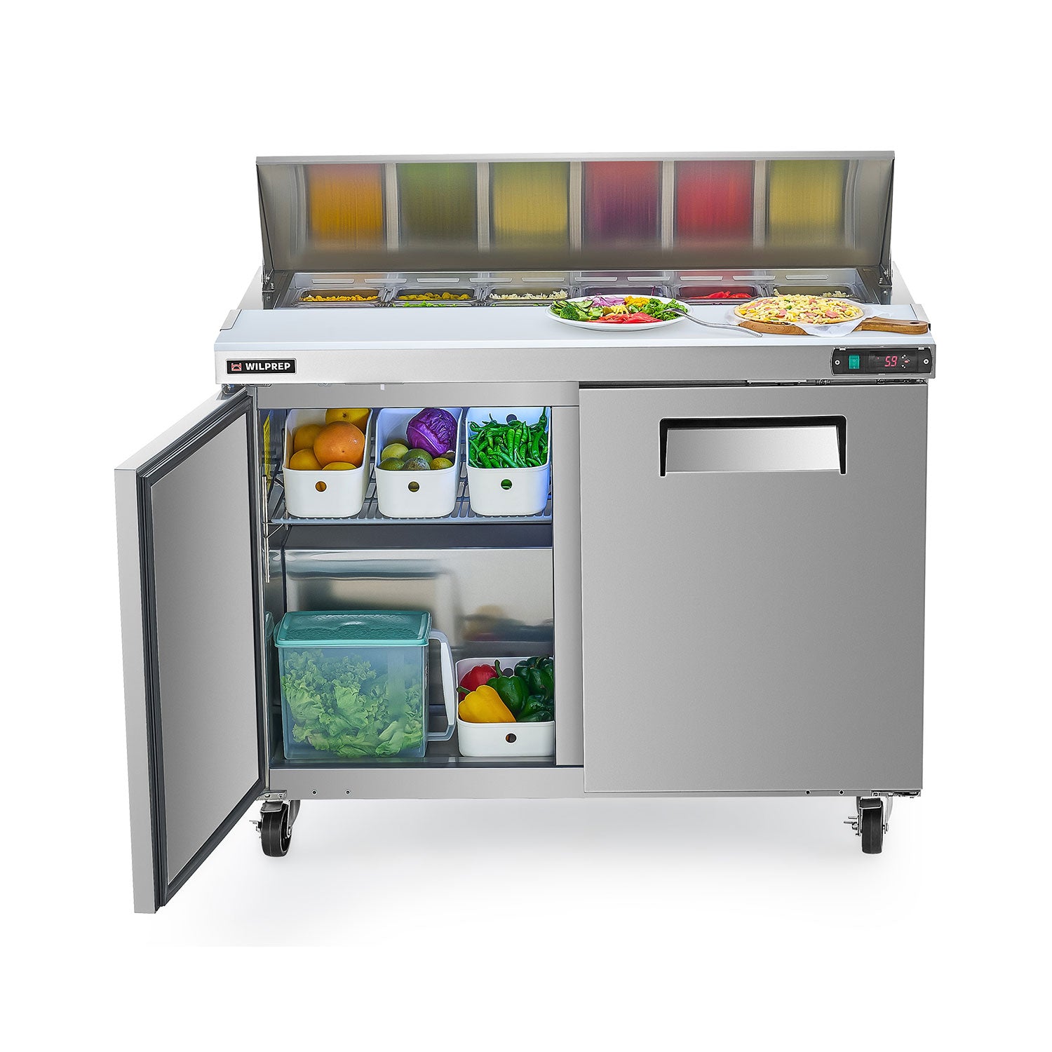 Commercial refrigerator prep table for salads and sandwiches featuring two swing doors and ingredient pans