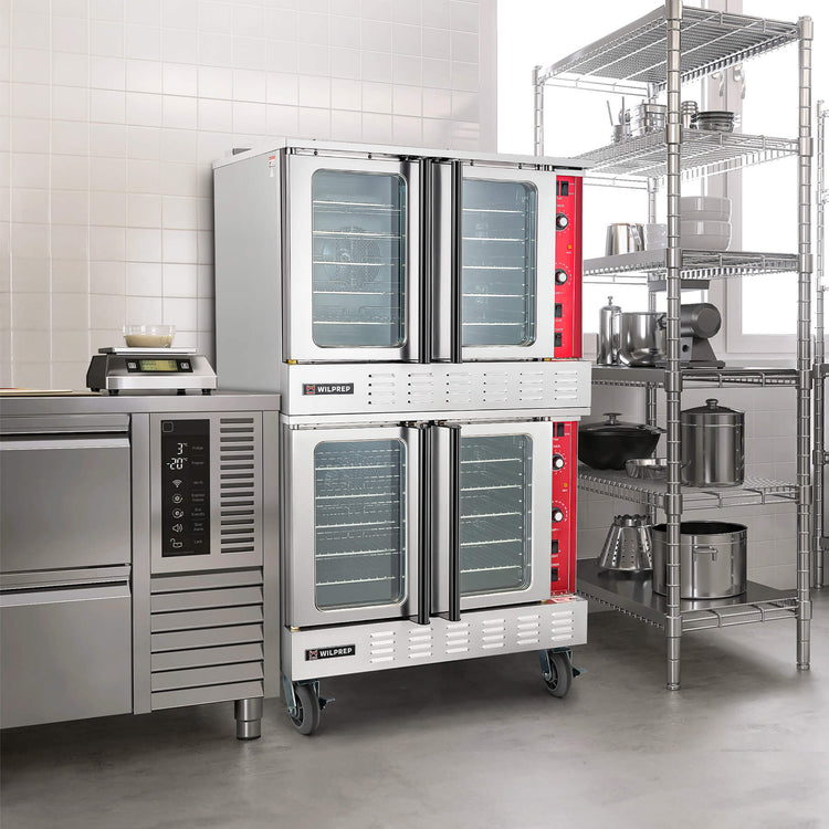 Double-deck commercial LPG convection oven with stainless steel body, porcelain interior, glass doors, and control panels on each deck, on a plain background