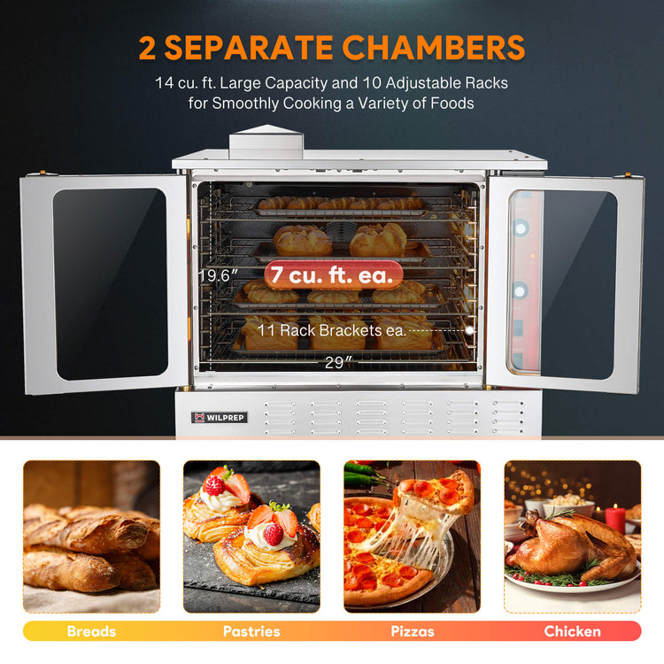 Double-deck commercial LPG convection oven with stainless steel body, porcelain interior, glass doors, and control panels on each deck, on a plain background