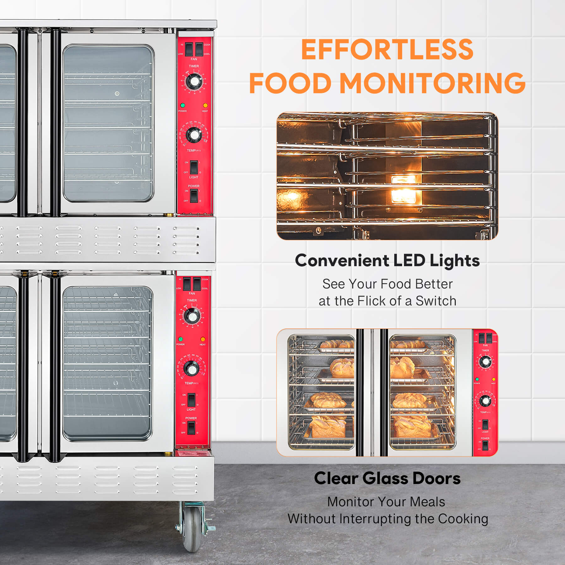Double-deck commercial LPG convection oven with stainless steel body, porcelain interior, double-layer glass doors, powder-coated handles, automatic ignition system, built-in two-speed convection fans, and control panels on each deck, on a plain background