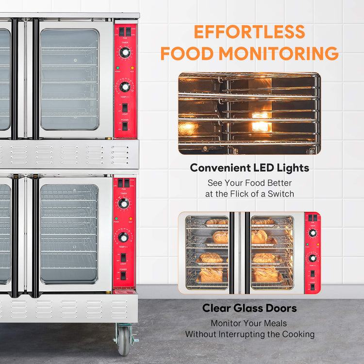 Double-deck commercial LPG convection oven with stainless steel body, porcelain interior, double-layer glass doors, powder-coated handles, automatic ignition system, built-in two-speed convection fans, and control panels on each deck, on a plain background