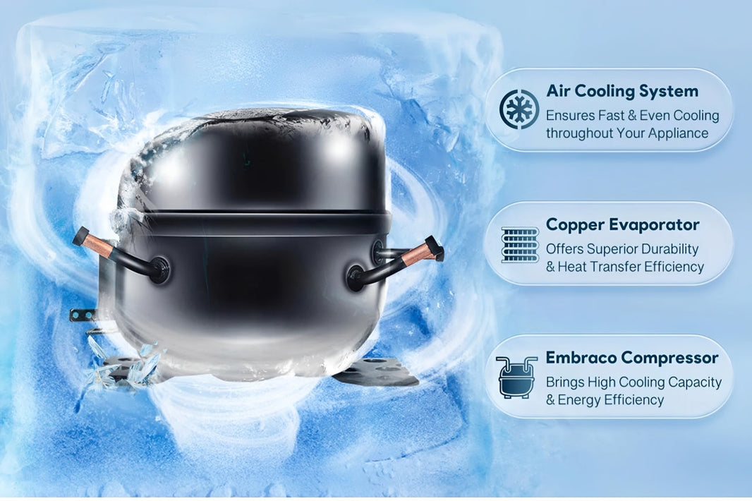 a close up photo of an Embraco compressor and the advantages it offers