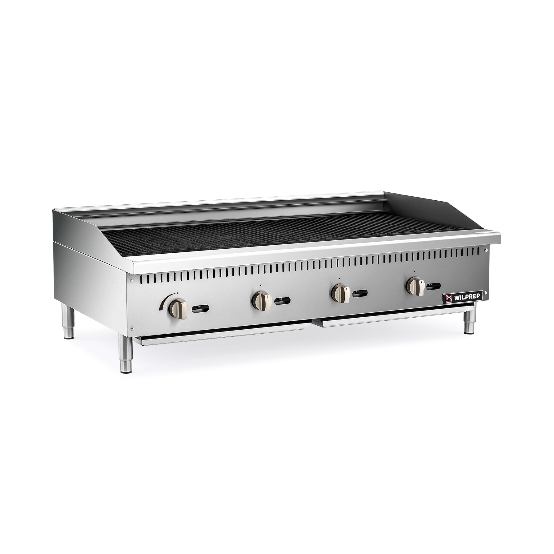 A 48 inch countertop radiant charbroiler with four U-shaped burners and adjustable grates, constructed from stainless steel.