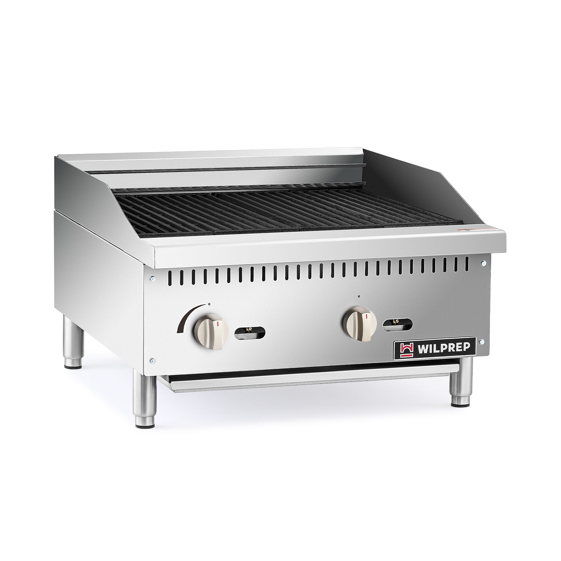 A countertop radiant charbroiler with two U-shaped burners, featuring adjustable height grates and control knobs on the front.