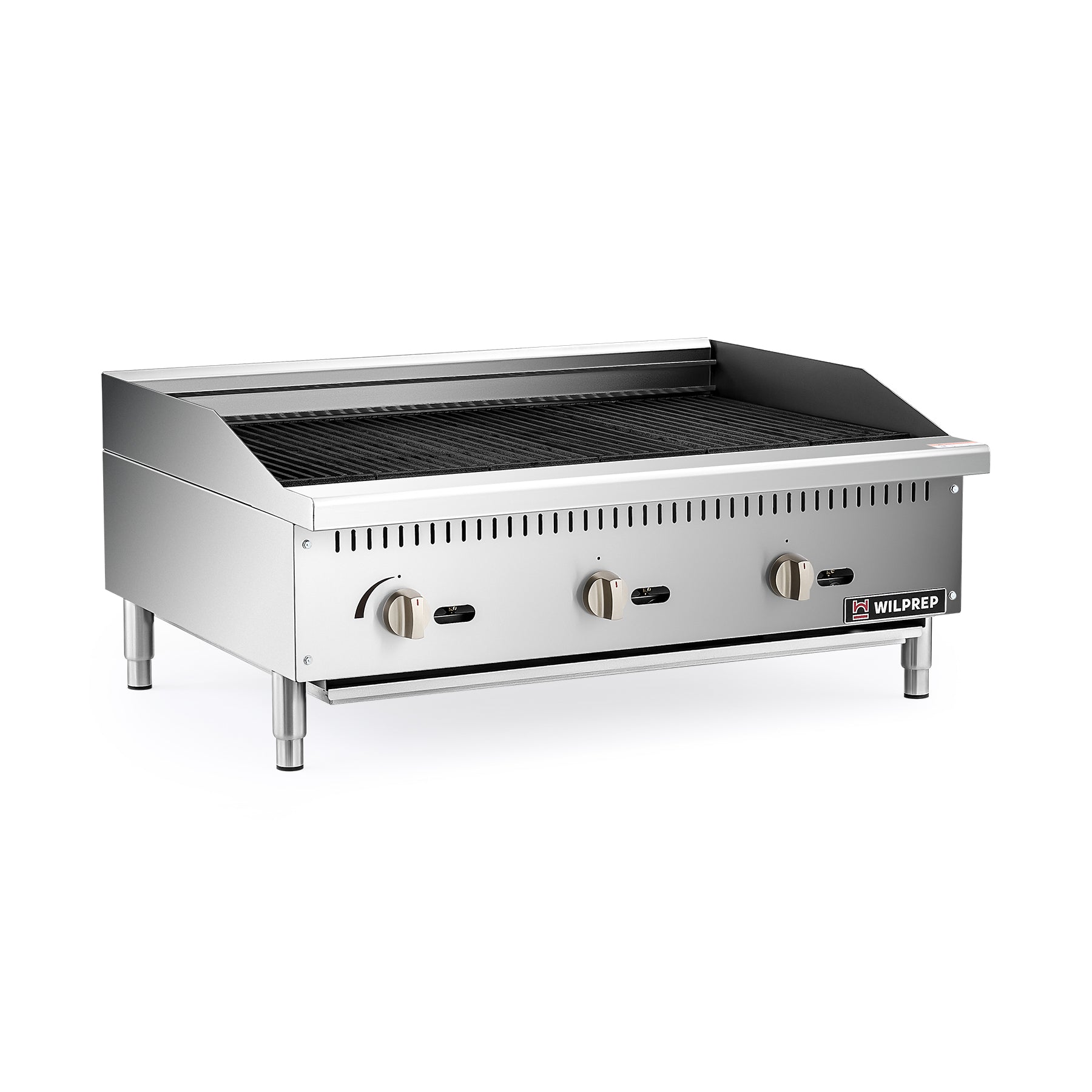A 36 inch countertop radiant charbroiler with three adjustable height grates and control knobs on the front.