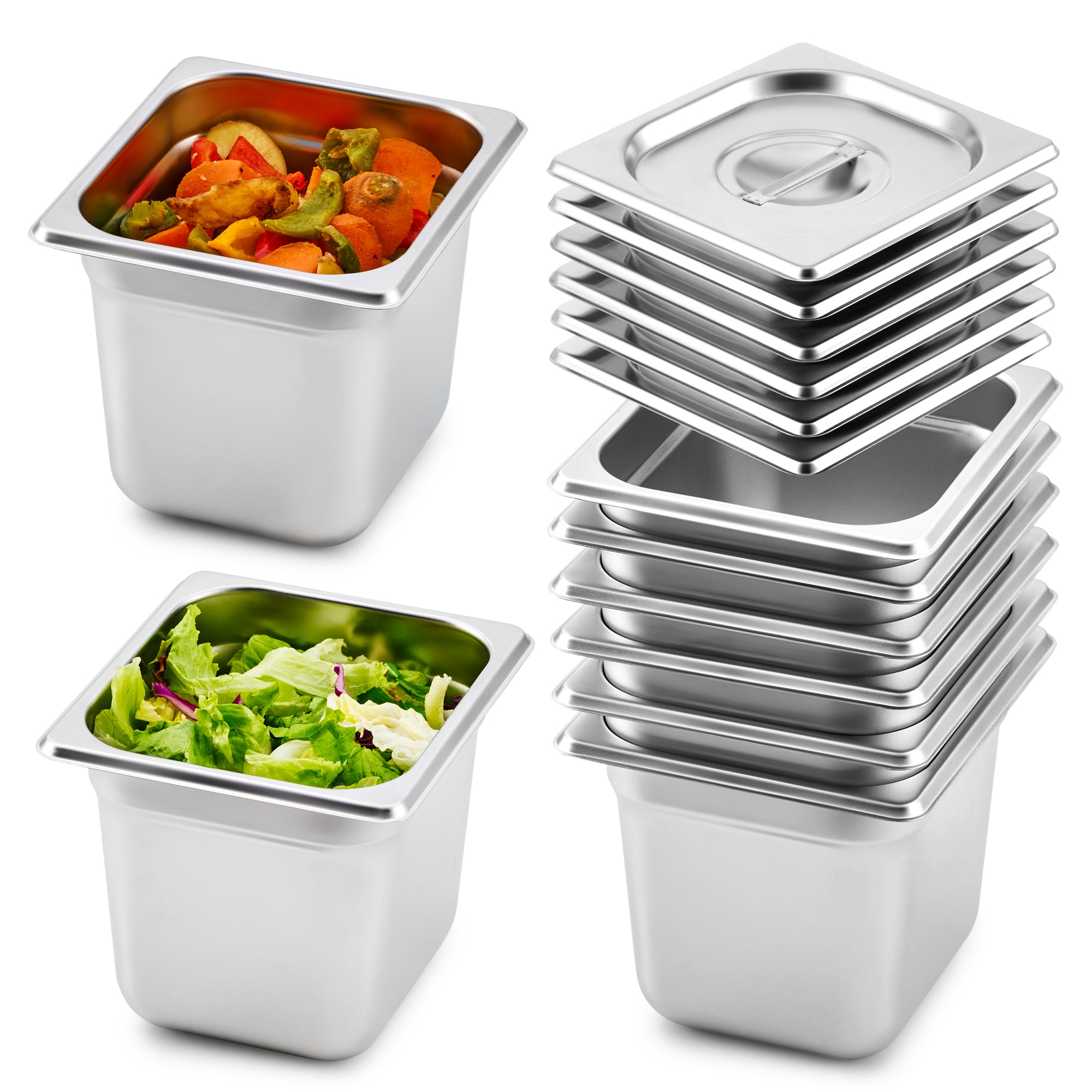 WILPREP 6 Pack 1/6 Size 6 in Deep Stainless Steel Steam Table Pans with Lids