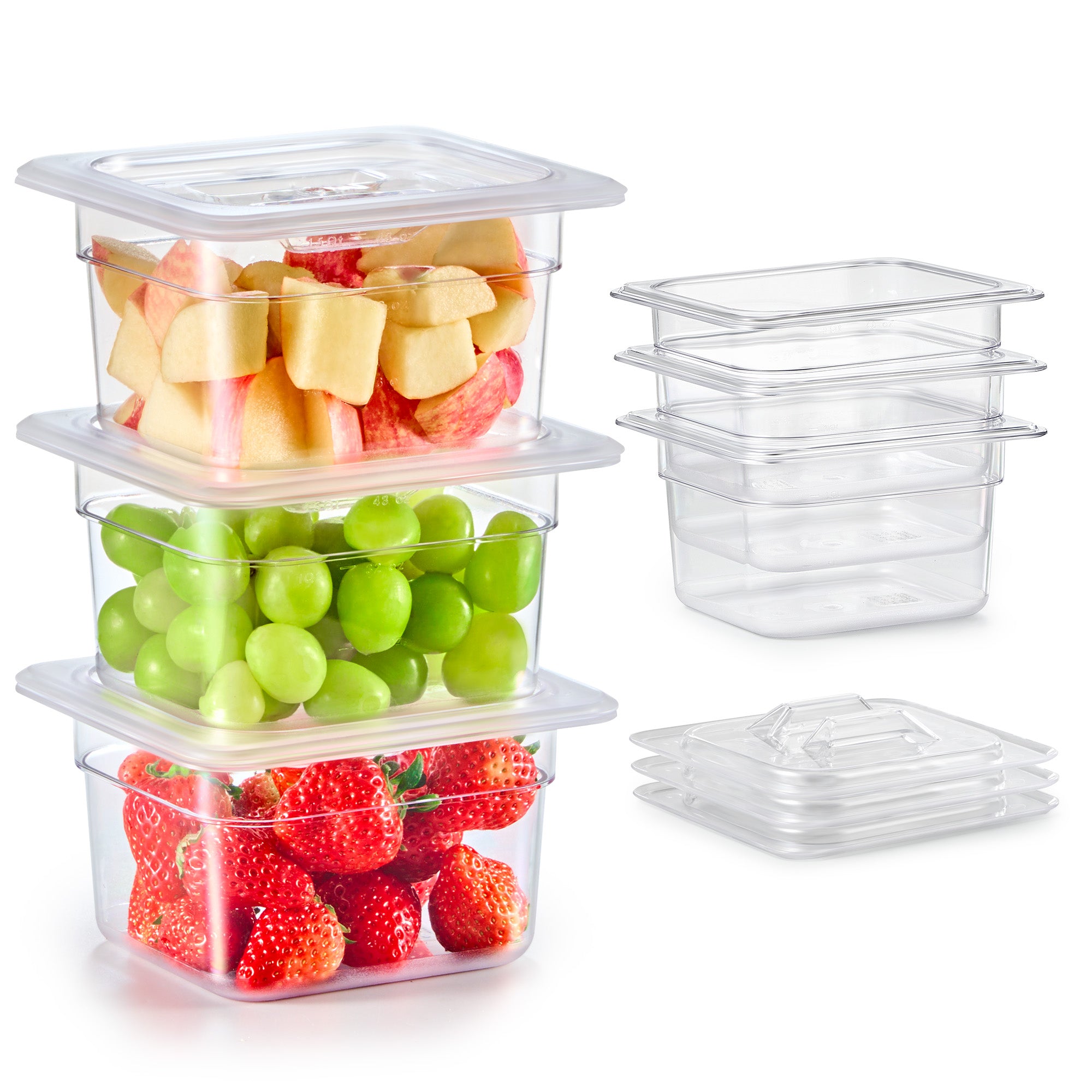 6 Pack 1/6 Size 4" Deep Clear Plastic Food Pans with Lids 1.8 Qt Polycarbonate NSF Listed