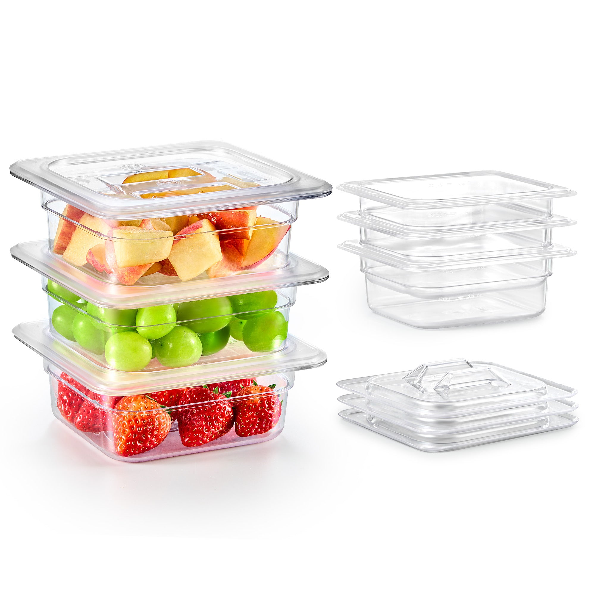 6 Pack 1/6 Size 2.5" Deep Clear Plastic Food Pans with Lids 1.1 Qt Polycarbonate NSF Listed