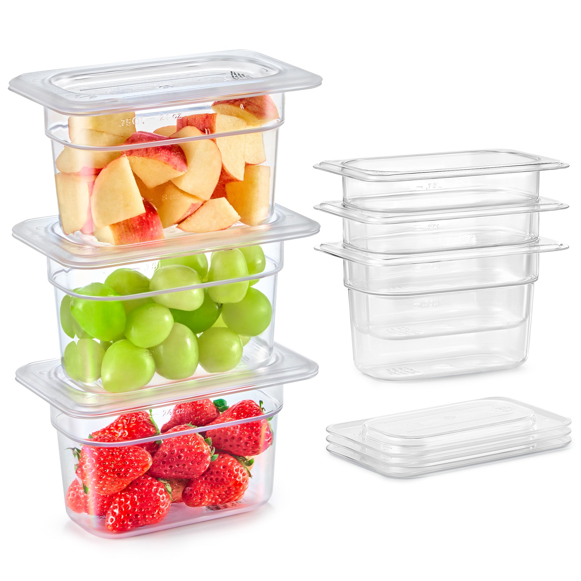 6 Pack 1/9 Size 4" Deep Clear Plastic Food Pans with Lids 1.1 Qt Polycarbonate NSF Listed