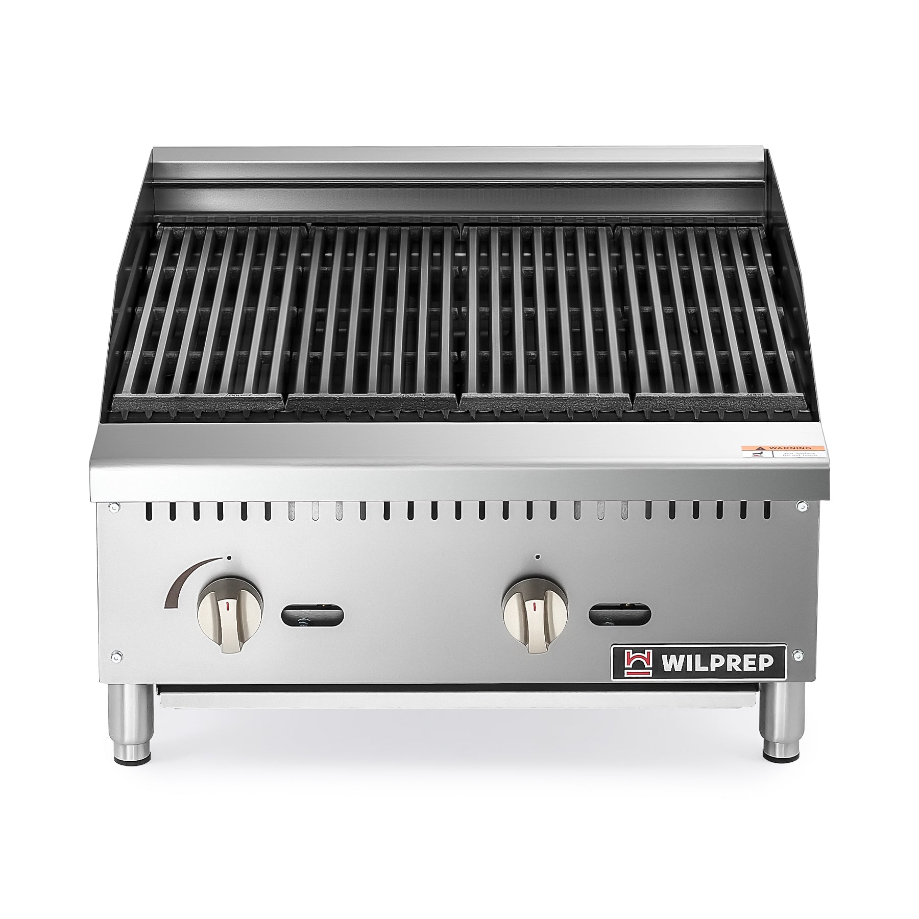 A countertop radiant charbroiler with two U-shaped burners, featuring adjustable height grates and control knobs on the front.