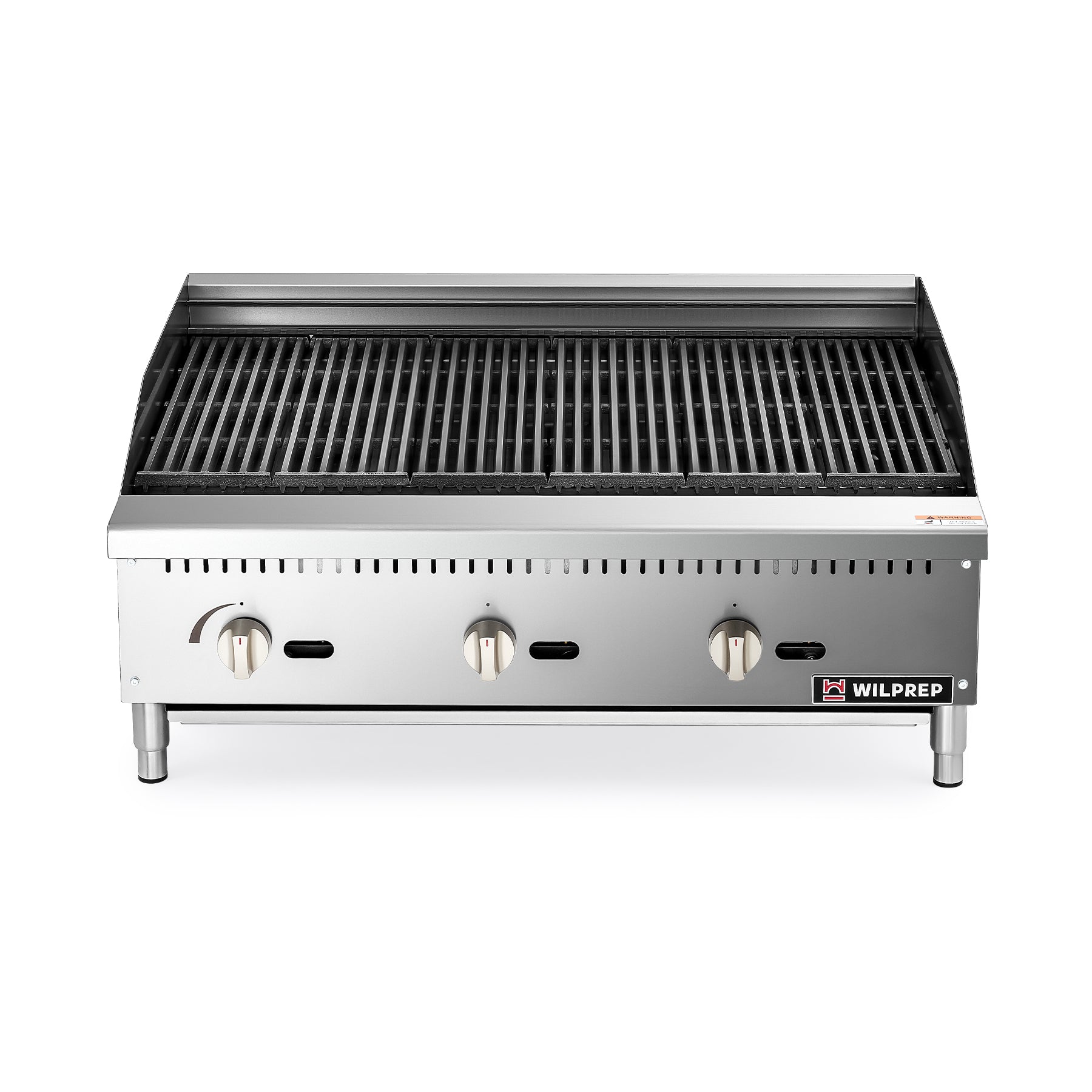 A 36 inch countertop radiant charbroiler with three adjustable height grates and control knobs on the front.