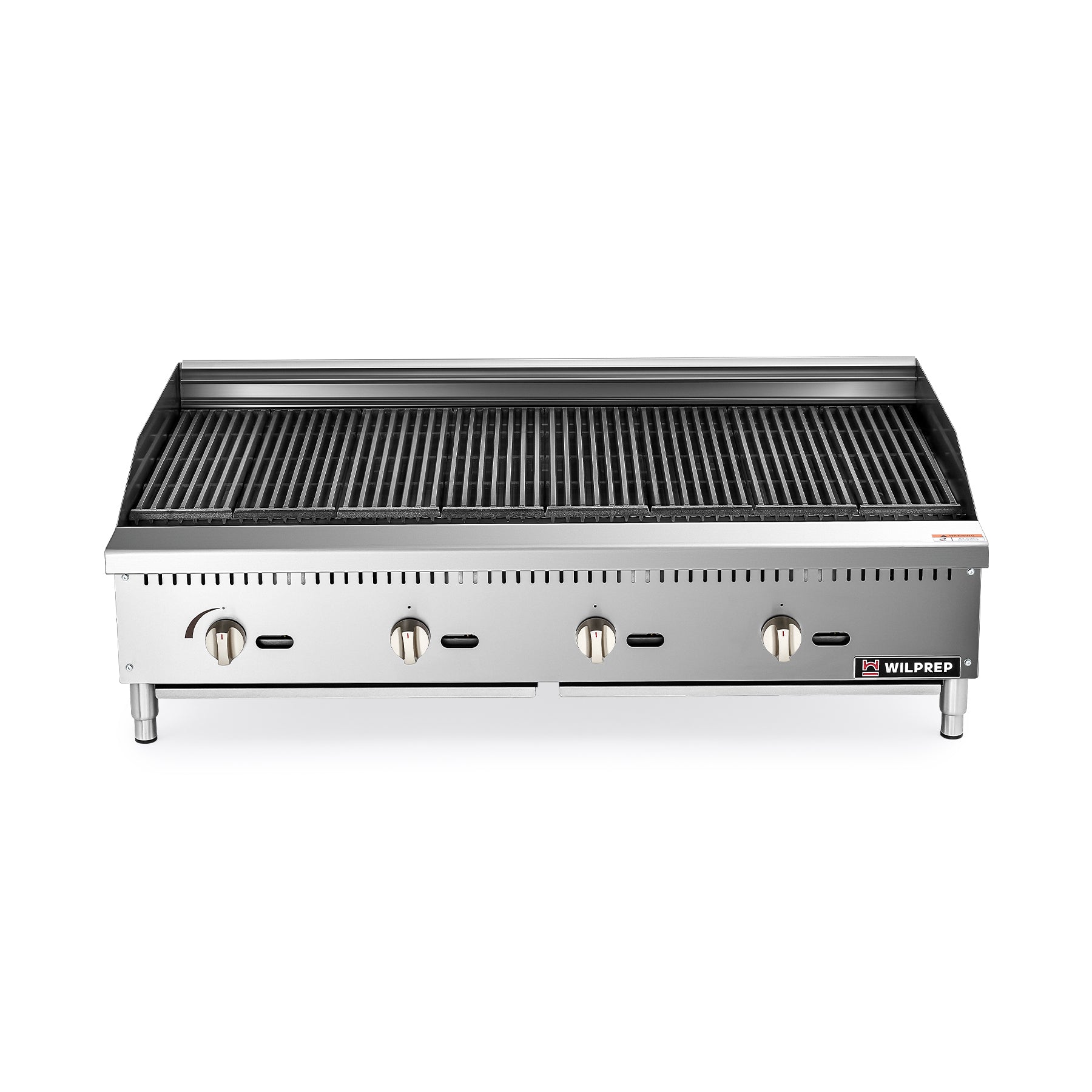 A 48 inch countertop radiant charbroiler with four U-shaped burners and adjustable grates, constructed from stainless steel.