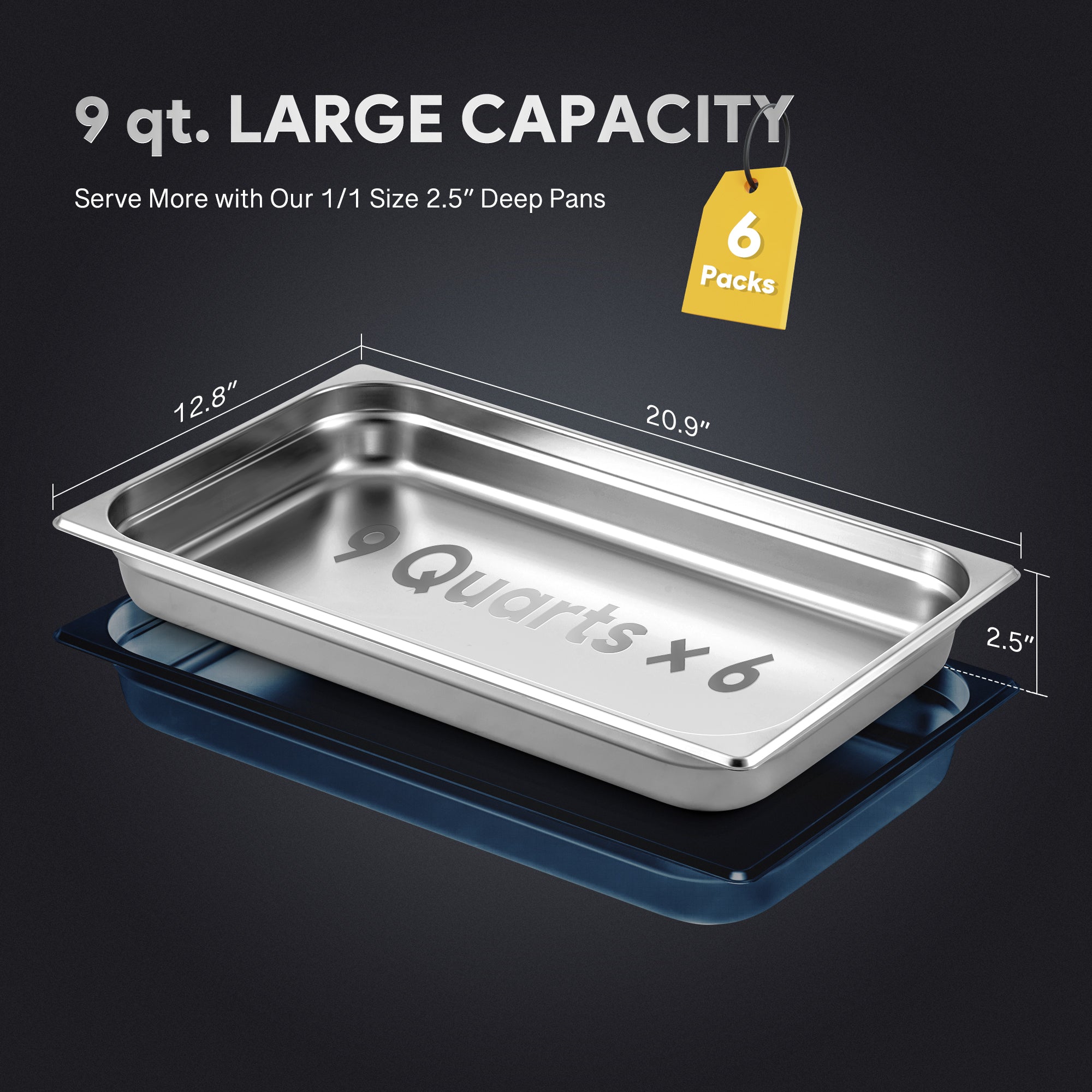 WILPREP 6 Pack 1/1 Full Size 2.5 in Deep Stainless Steel Steam Table Pans with Lids