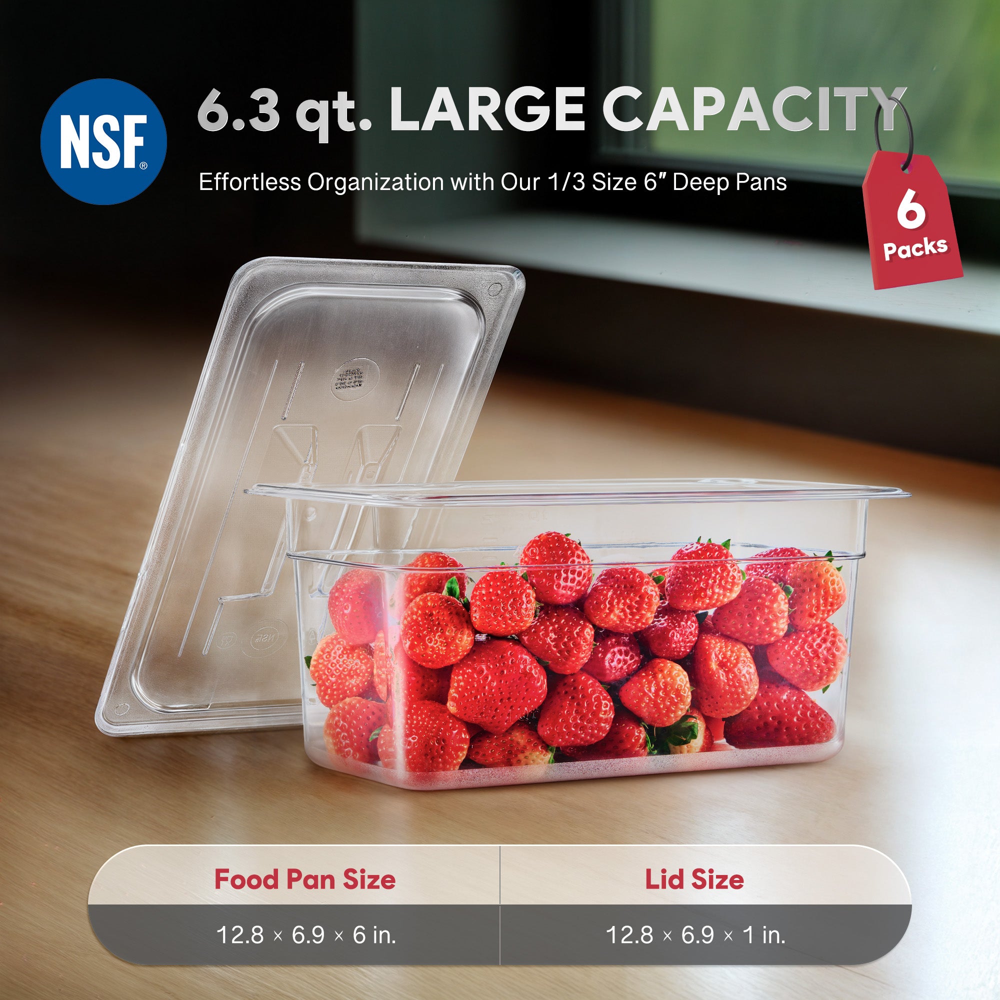 6 Pack 1/3 Size 6" Deep Clear Plastic Food Pans with Lids 6.3 Qt Polycarbonate NSF Listed