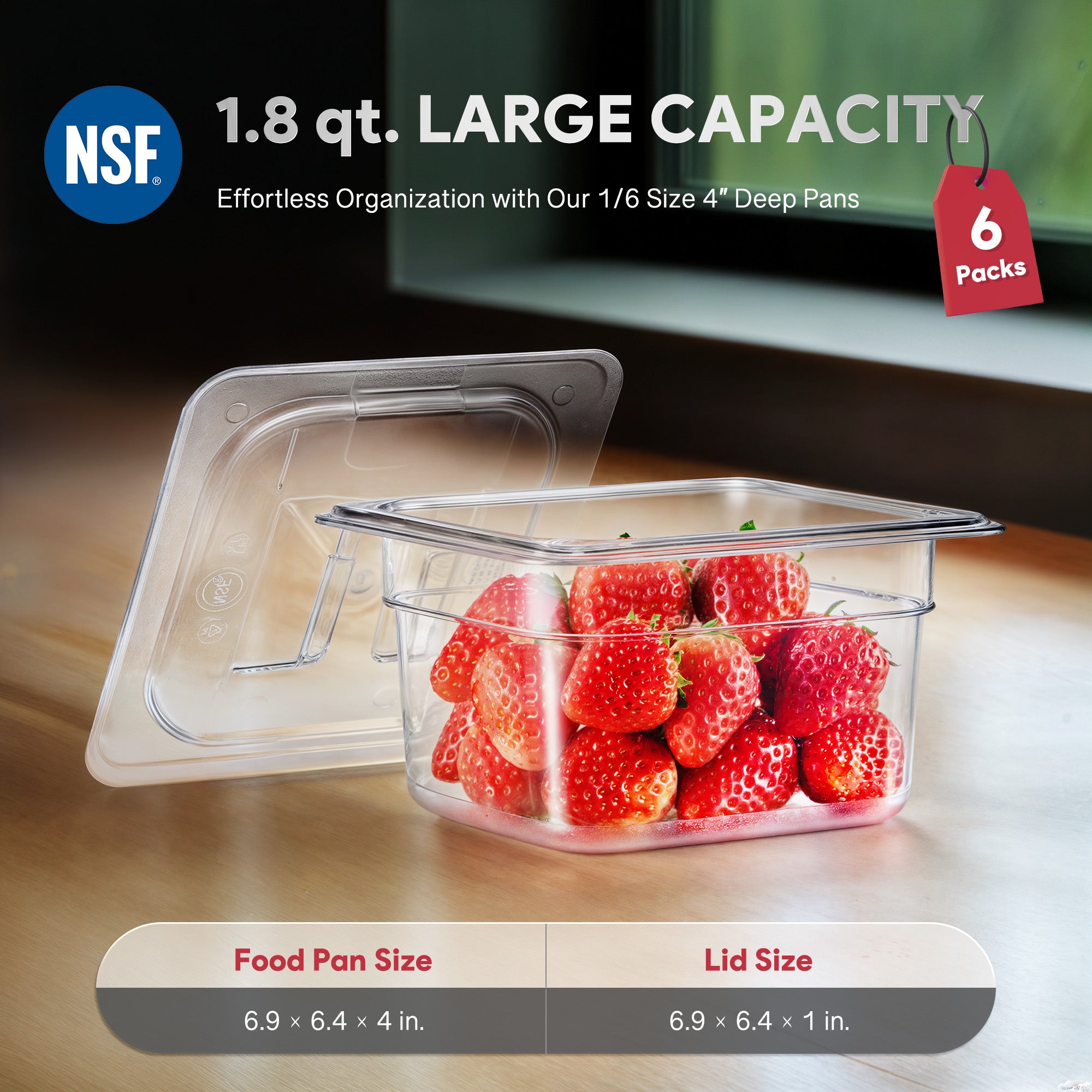 6 Pack 1/6 Size 4" Deep Clear Plastic Food Pans with Lids 1.8 Qt Polycarbonate NSF Listed