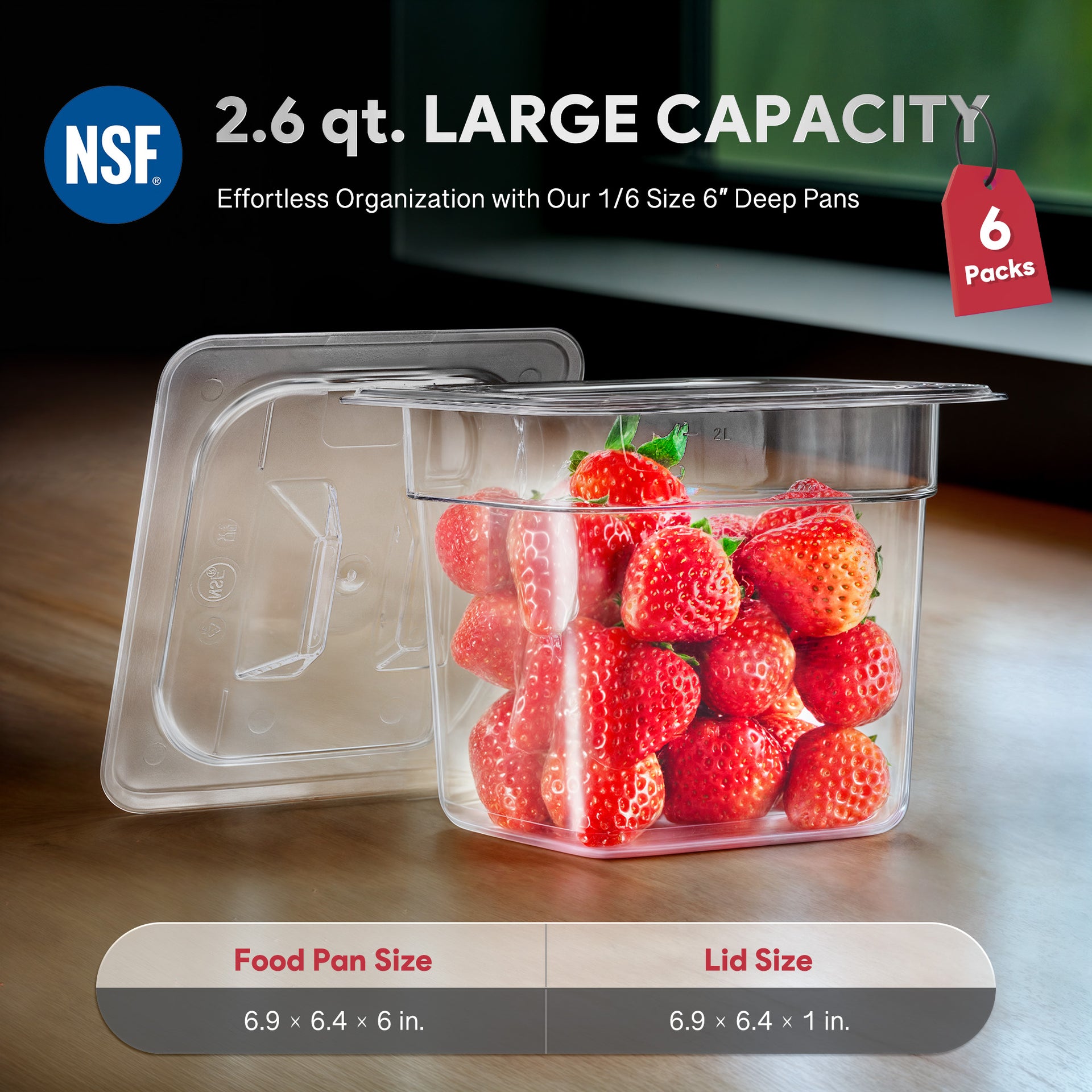 6 Pack 1/6 Size 6" Deep Clear Plastic Food Pans with Lids 2.6 Qt Polycarbonate NSF Listed