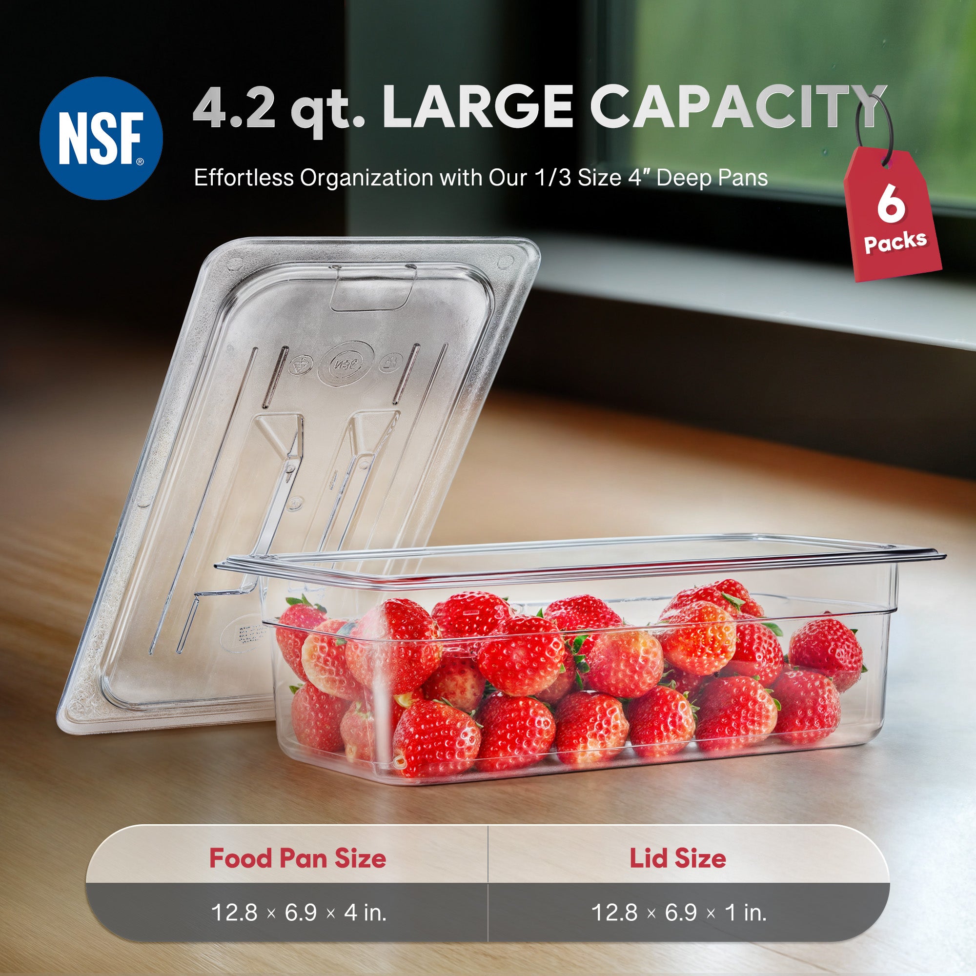 6 Pack 1/3 Size 4" Deep Clear Plastic Food Pans with Lids 4.2 Qt Polycarbonate NSF Listed