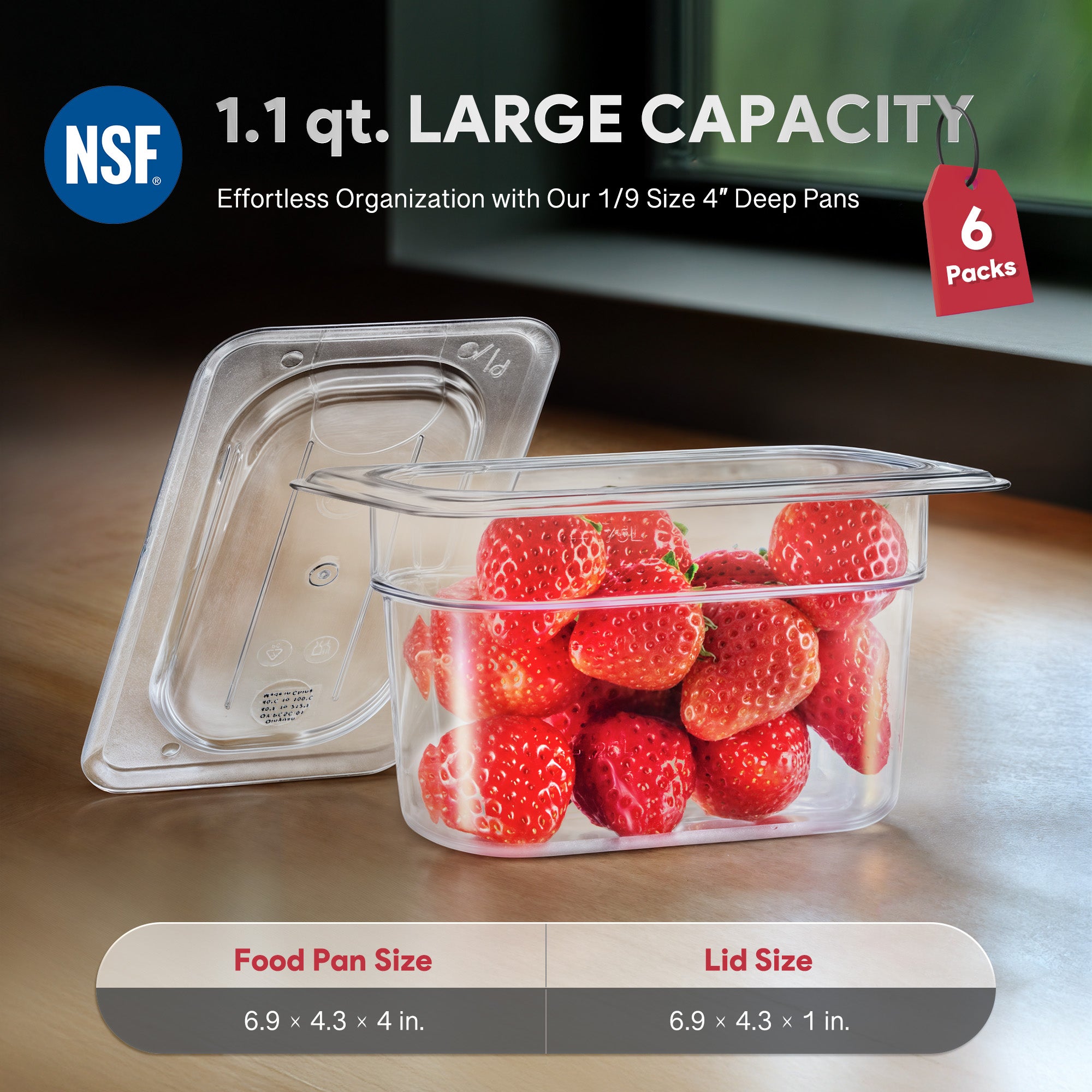 6 Pack 1/9 Size 4" Deep Clear Plastic Food Pans with Lids 1.1 Qt Polycarbonate NSF Listed