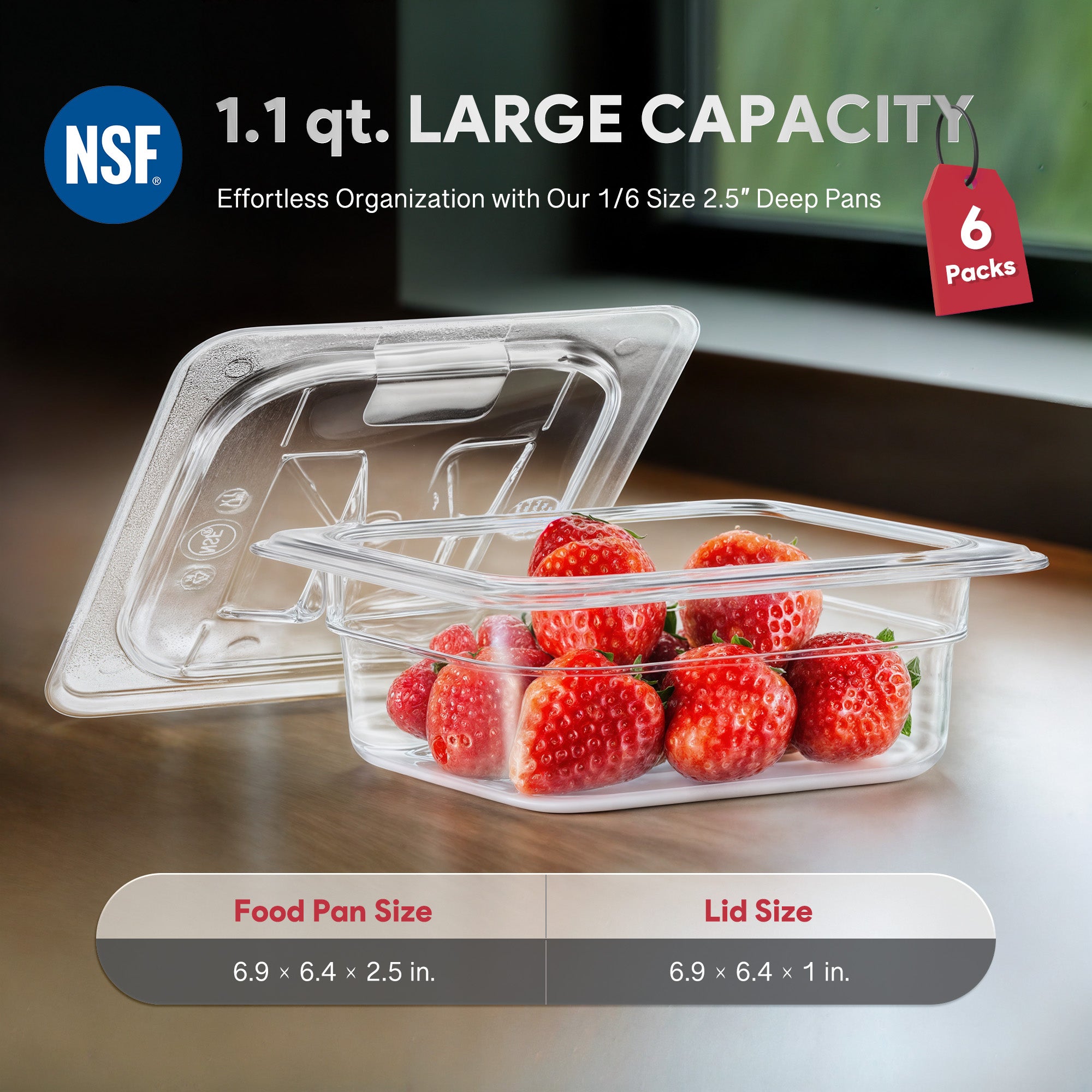 6 Pack 1/6 Size 2.5" Deep Clear Plastic Food Pans with Lids 1.1 Qt Polycarbonate NSF Listed