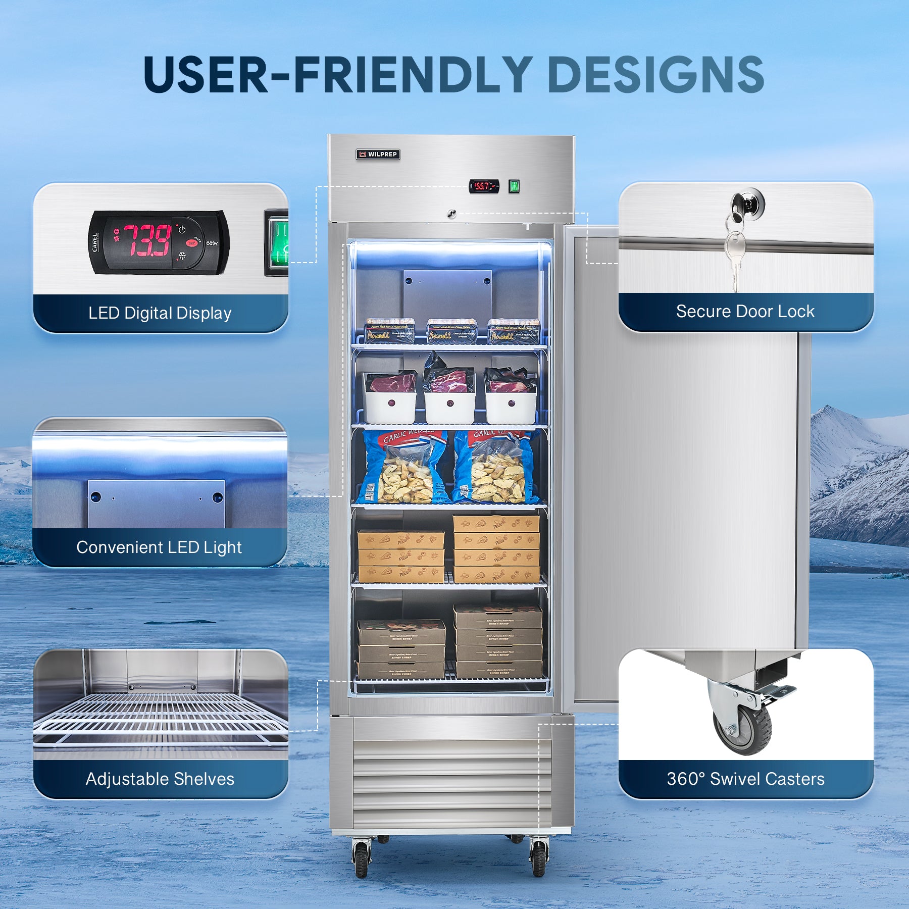 user friendly design solid door reach in freezer