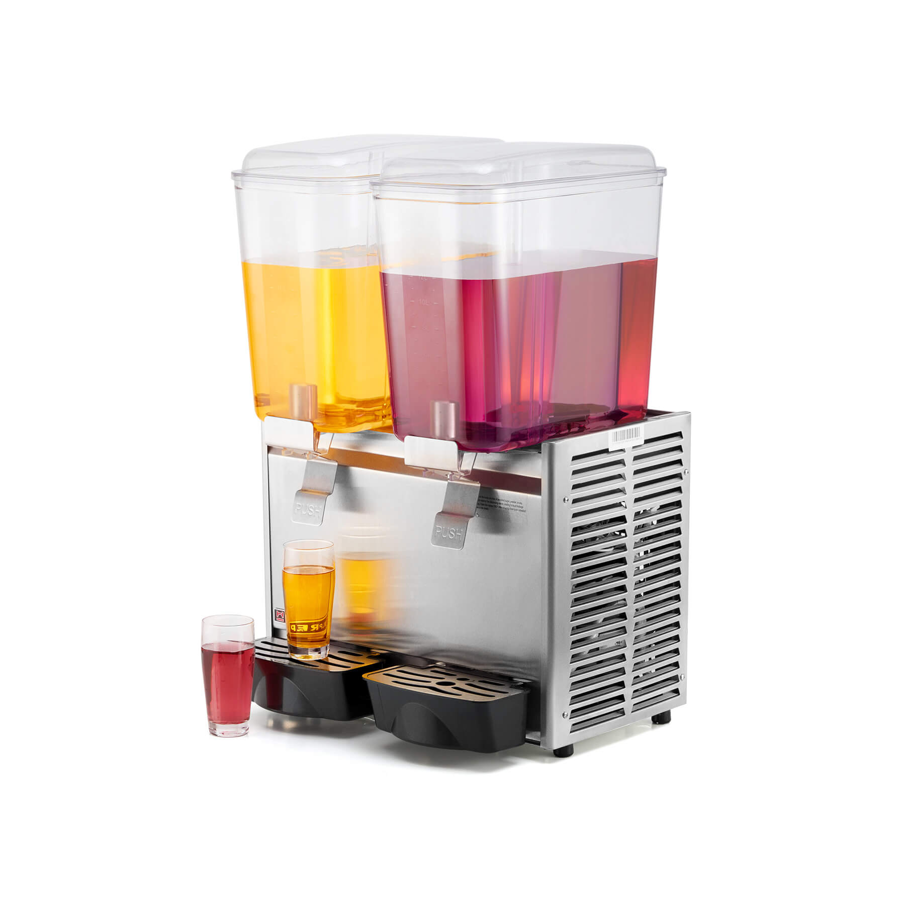 Commercial beverage dispenser with two tanks, stainless steel construction, and multicolored liquid contents.