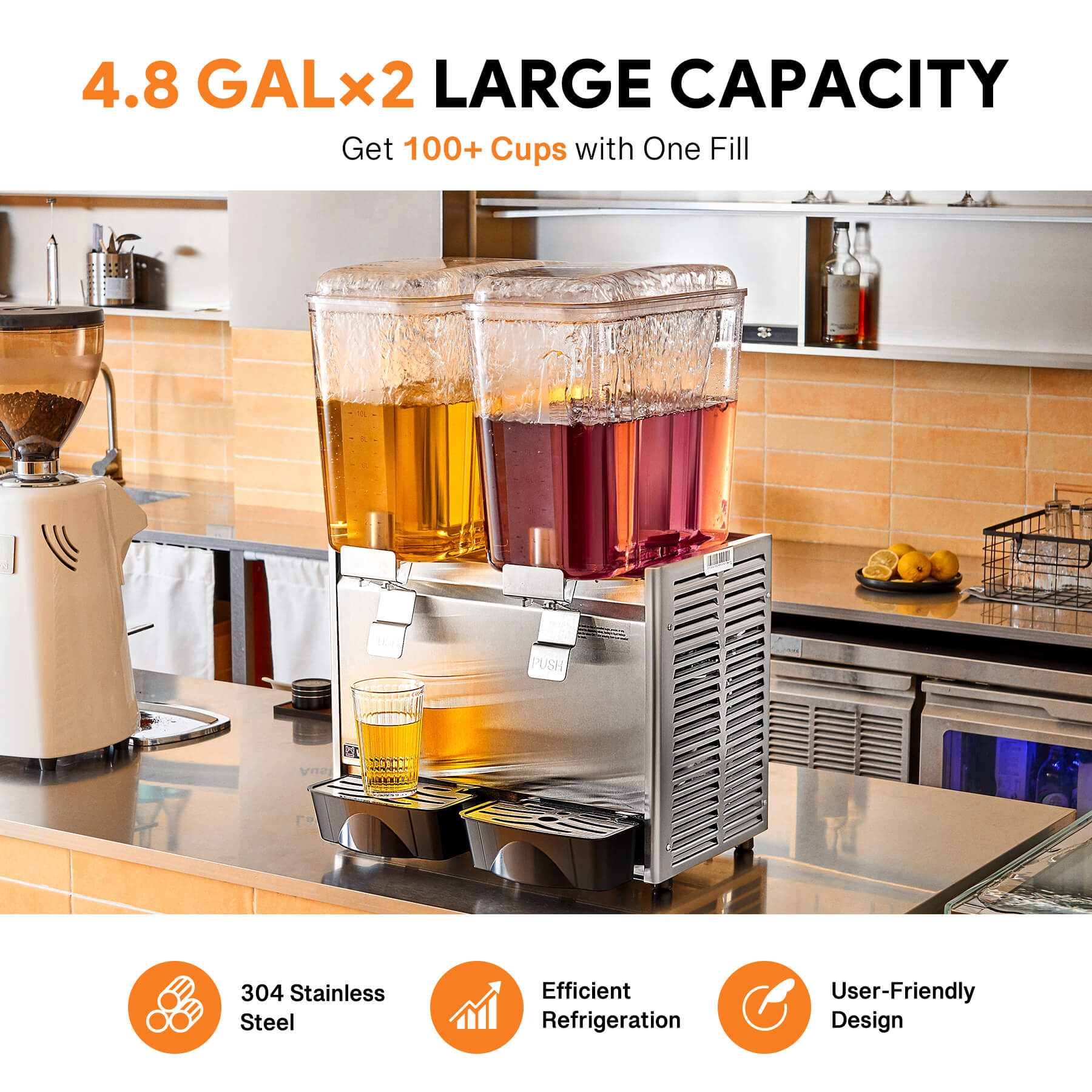 Commercial beverage dispenser with two tanks, stainless steel construction, and multicolored liquid contents.