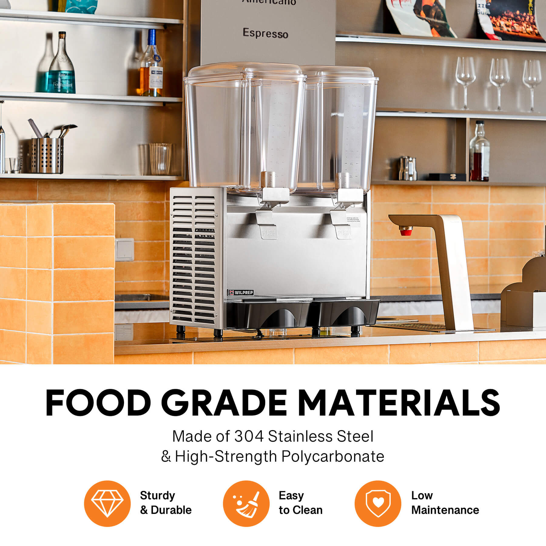 Commercial beverage dispenser with two tanks, stainless steel construction, and multicolored liquid contents.