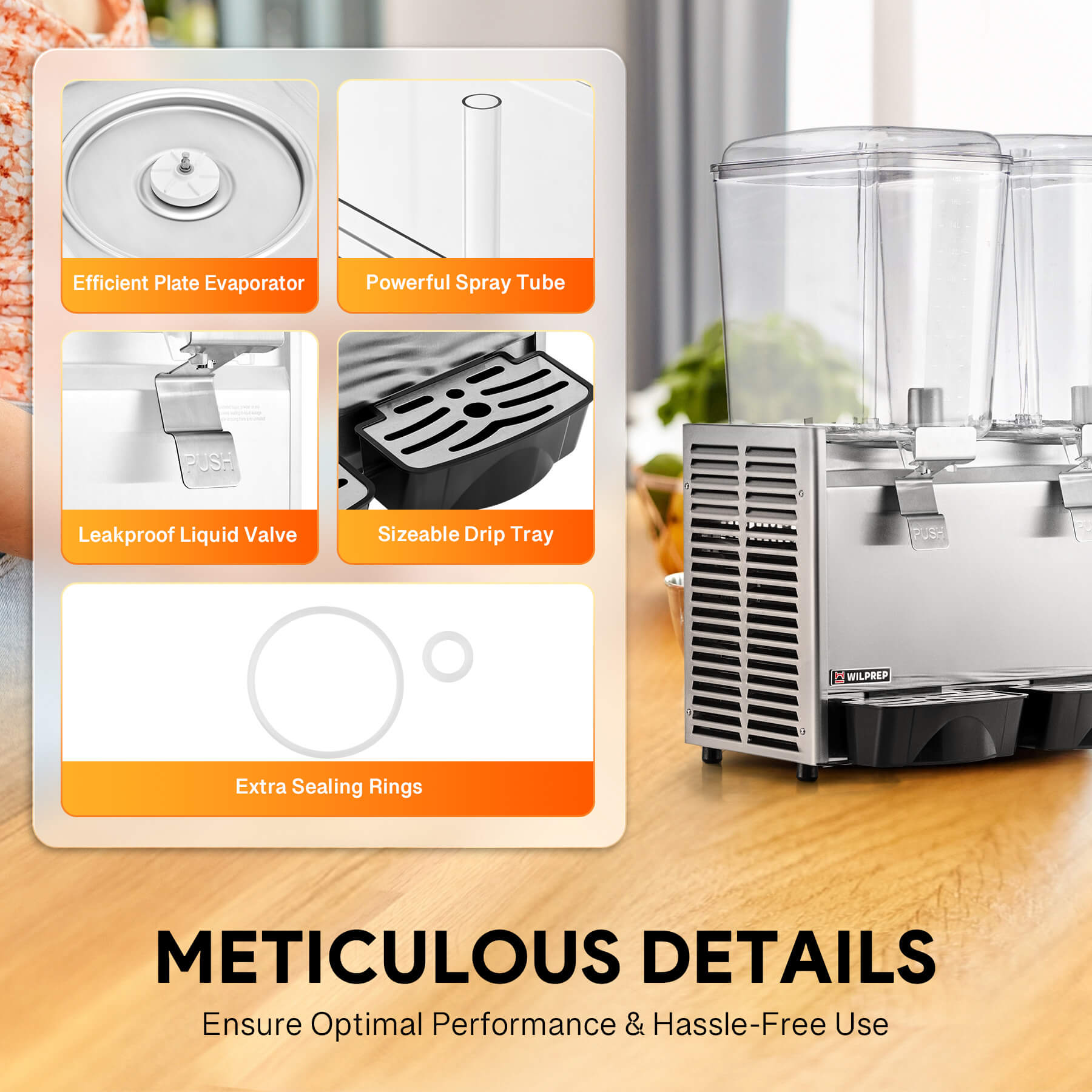 Commercial beverage dispenser with two tanks, stainless steel construction, and multicolored liquid contents.