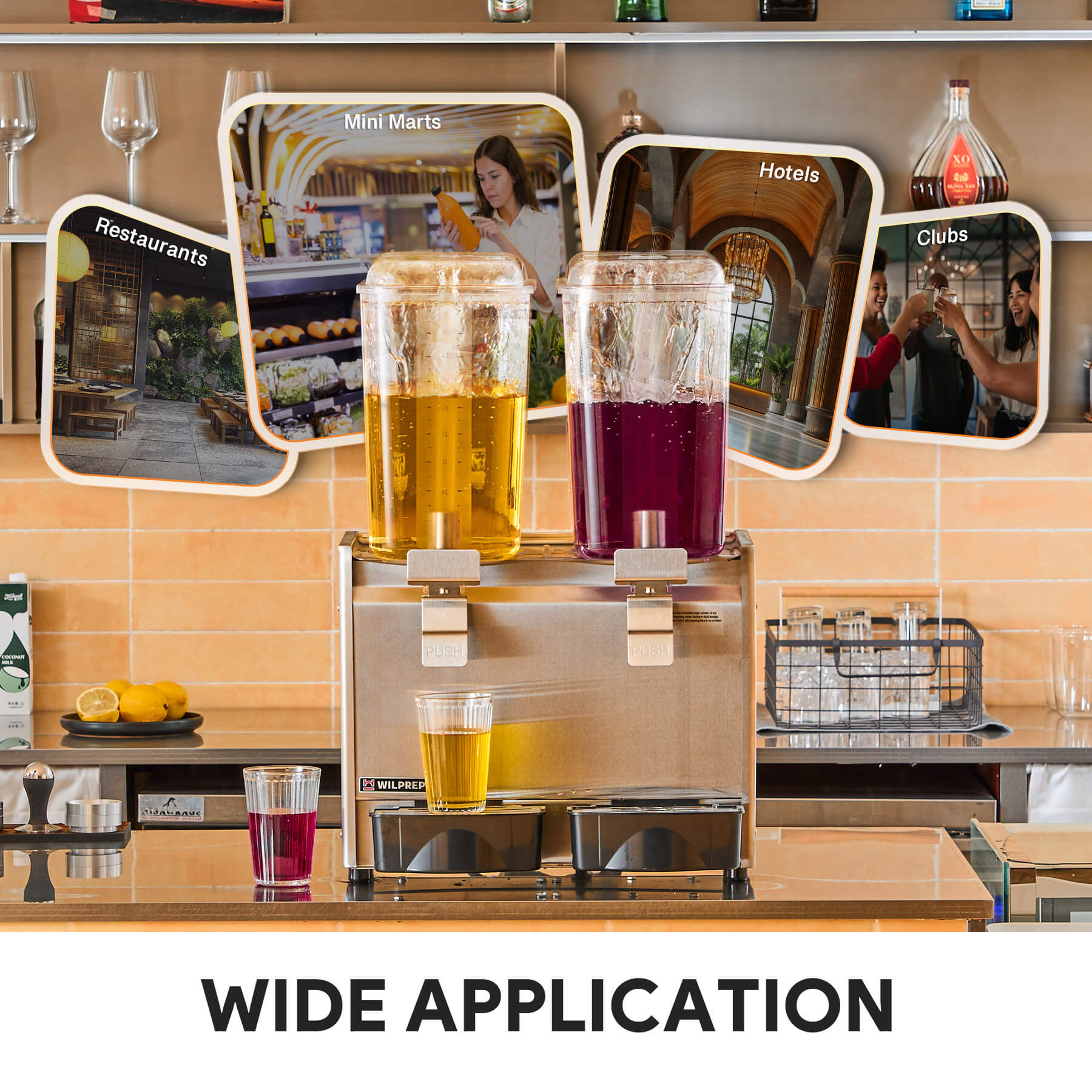 Commercial beverage dispenser with two tanks, stainless steel construction, and multicolored liquid contents.