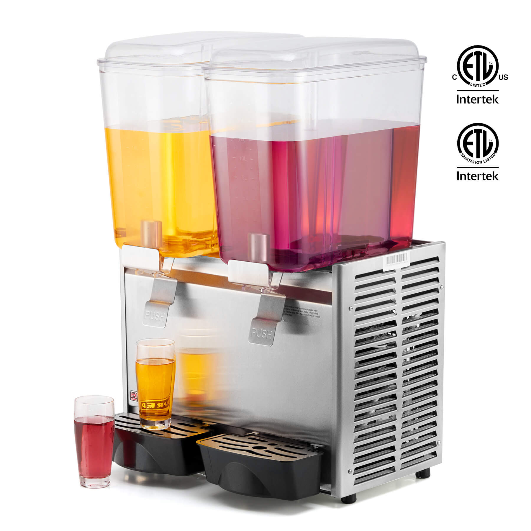 Commercial beverage dispenser with two tanks, stainless steel construction, and multicolored liquid contents.