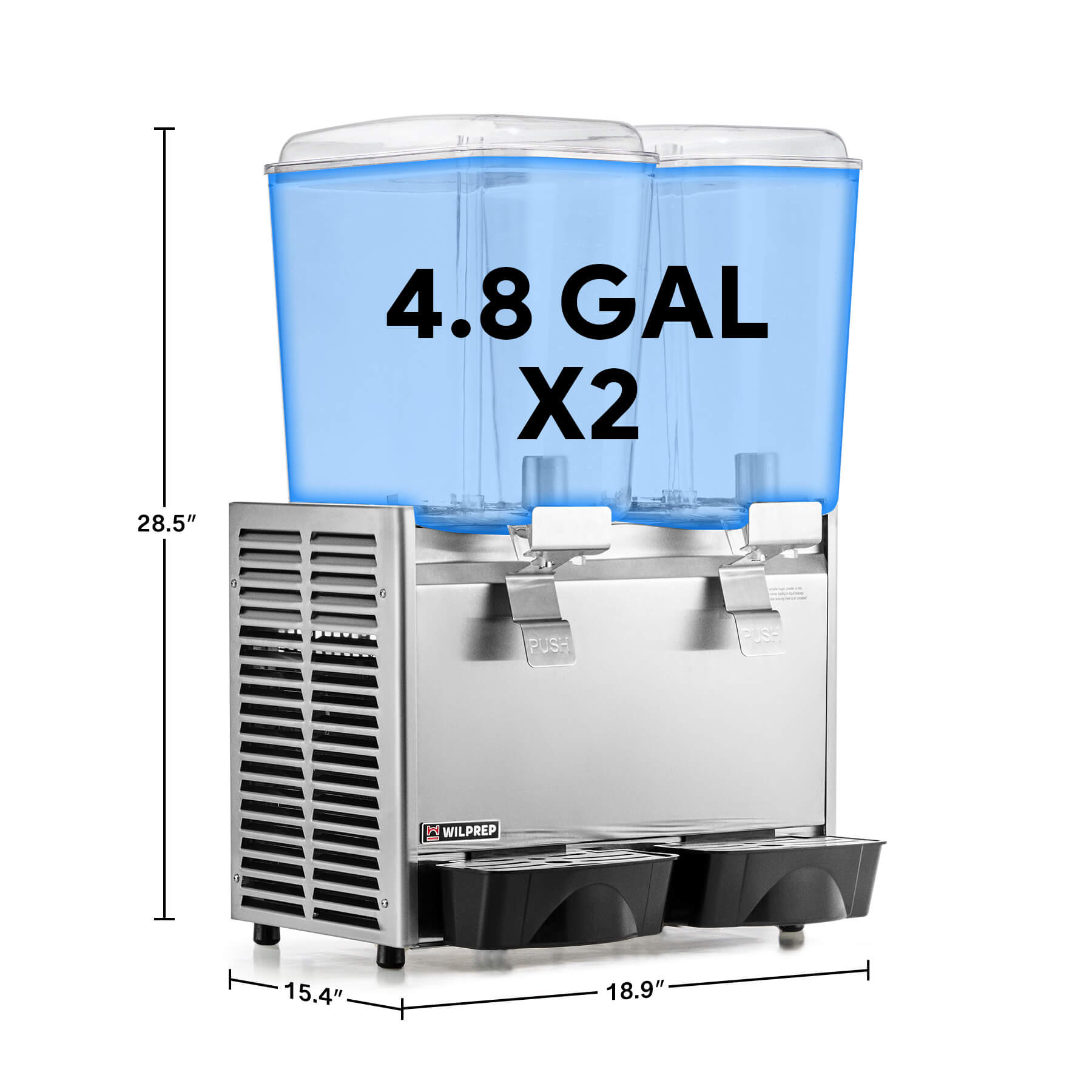 Commercial beverage dispenser with two tanks, stainless steel construction, and multicolored liquid contents.