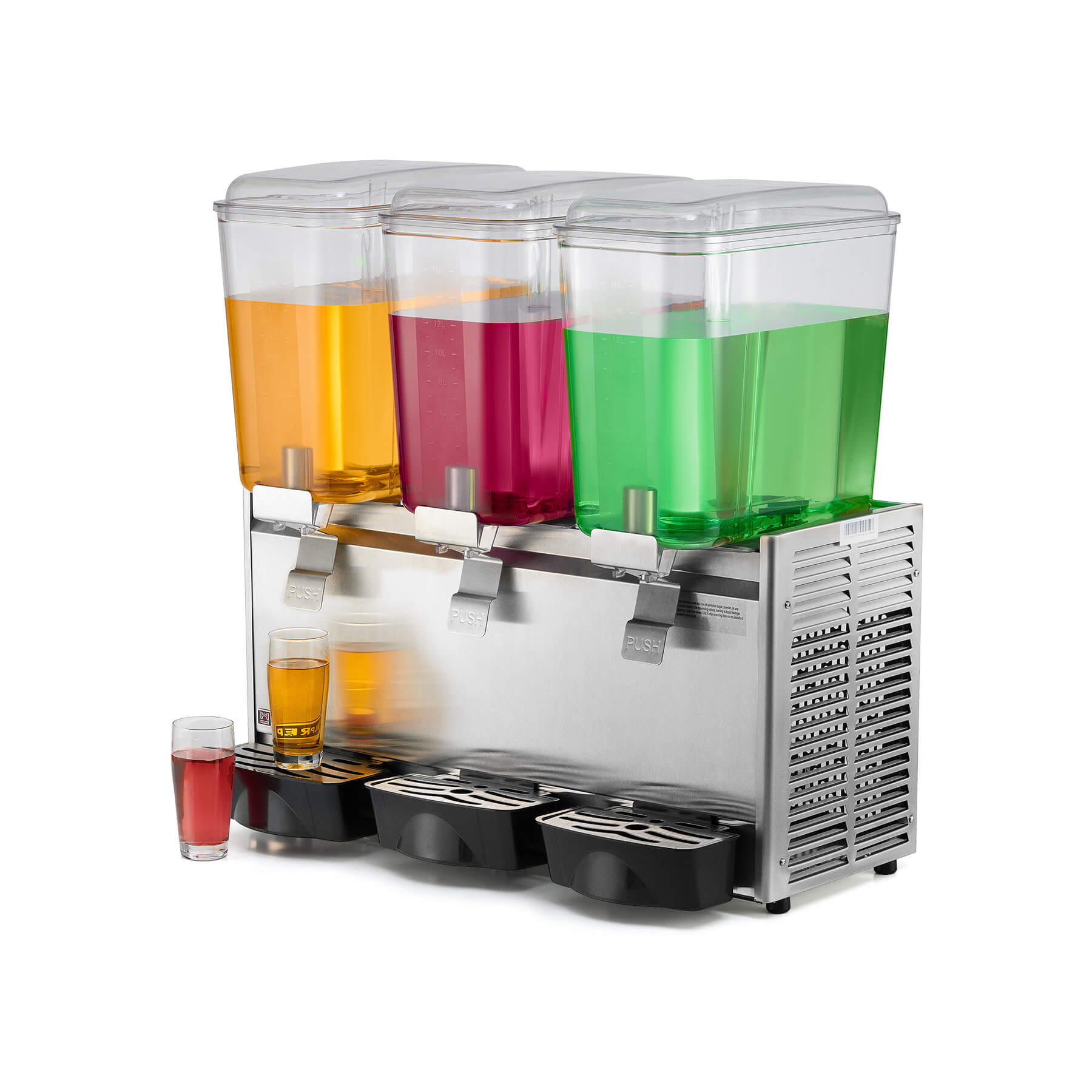 A stainless steel commercial beverage dispenser with three transparent tanks filled with different colored beverages, multiple dispensing nozzles, and a refrigeration unit at the base.