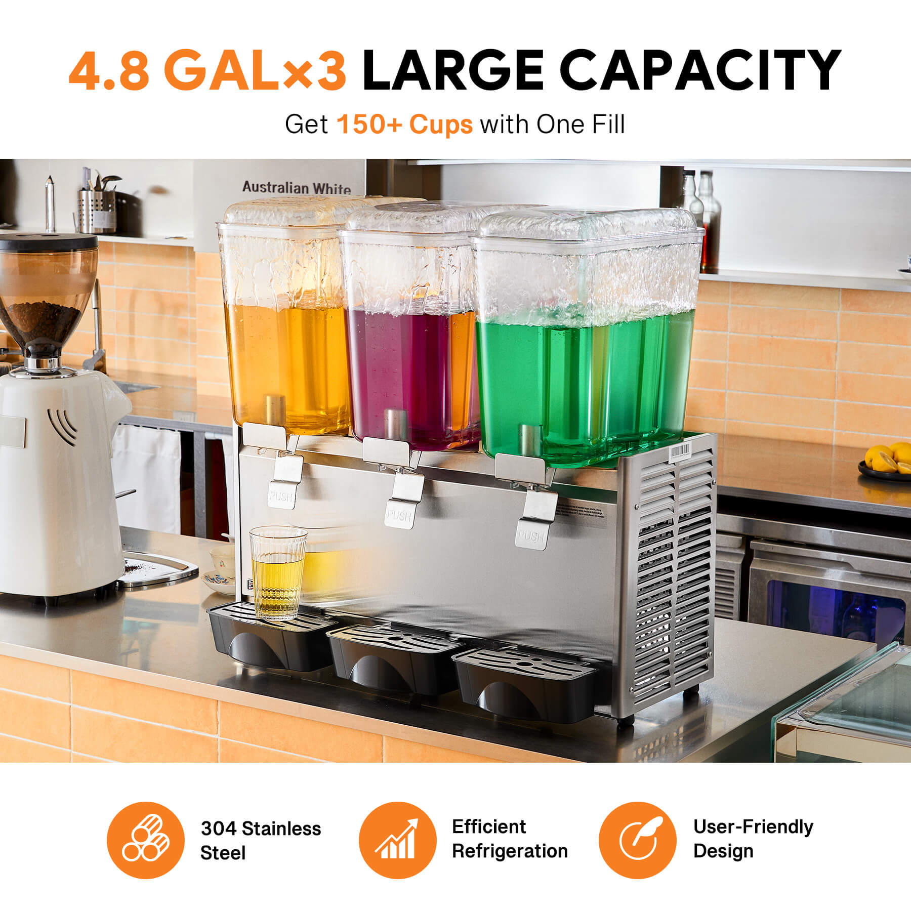 A stainless steel commercial beverage dispenser with three transparent tanks filled with different colored beverages, multiple dispensing nozzles, and a refrigeration unit at the base.