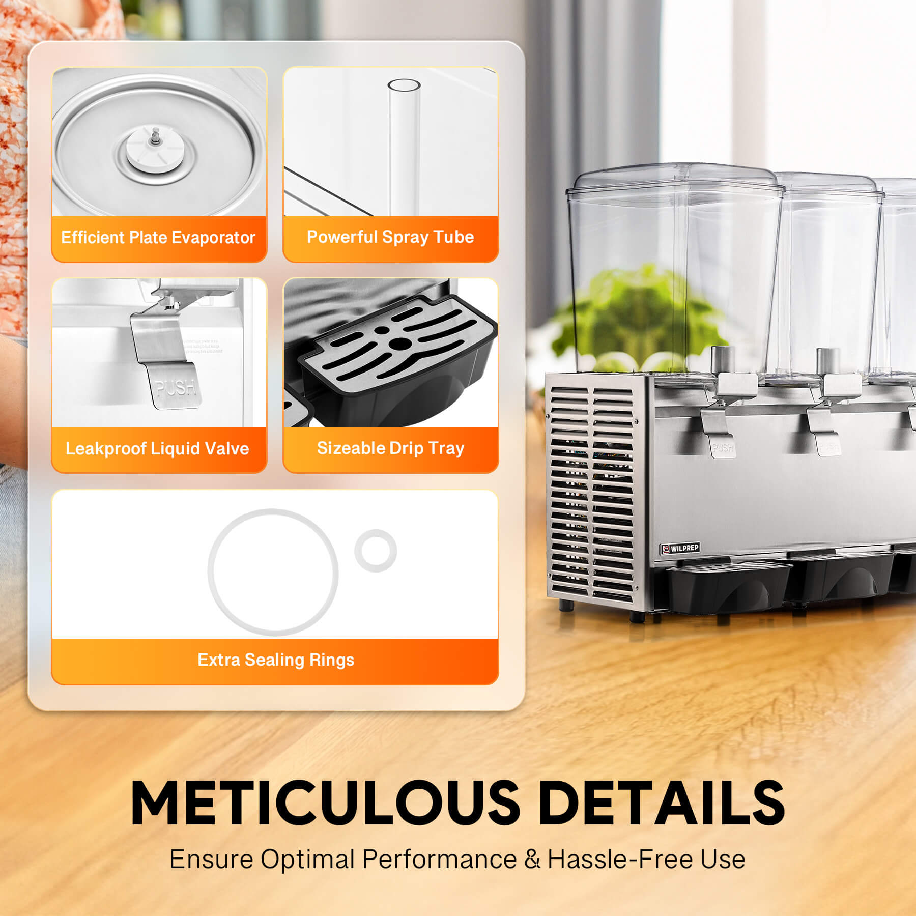 Meticulous details including powerful spray tube, efficient plate evaporator, leakproof liquid valve, sizeable drip tray, and extra sealing rings for optimal performance and hassle-free use.