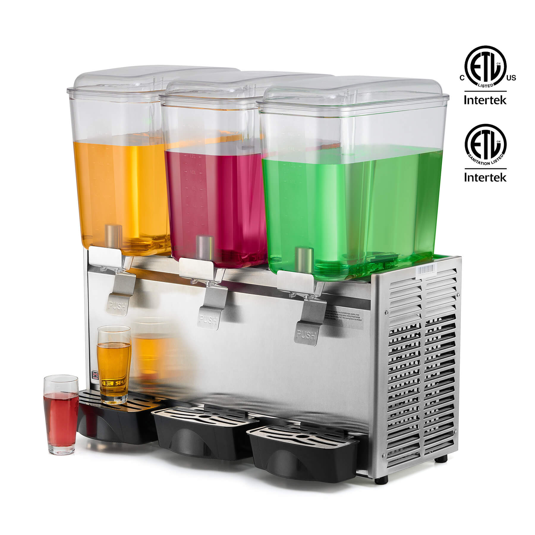 A stainless steel commercial beverage dispenser with three transparent tanks filled with different colored beverages, multiple dispensing nozzles, and a refrigeration unit at the base.