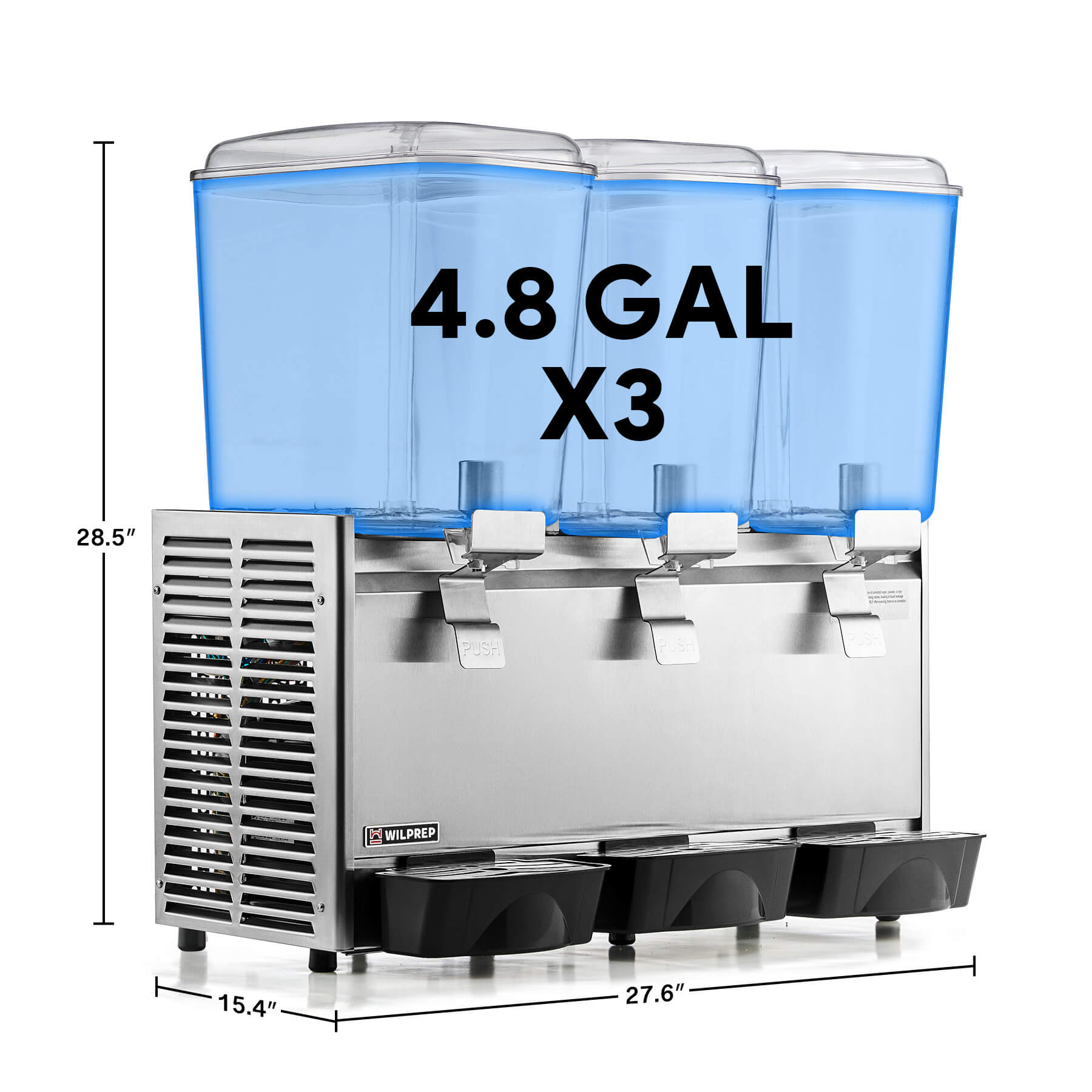 A stainless steel commercial beverage dispenser with three transparent tanks filled with different colored beverages, multiple dispensing nozzles, and a refrigeration unit at the base.