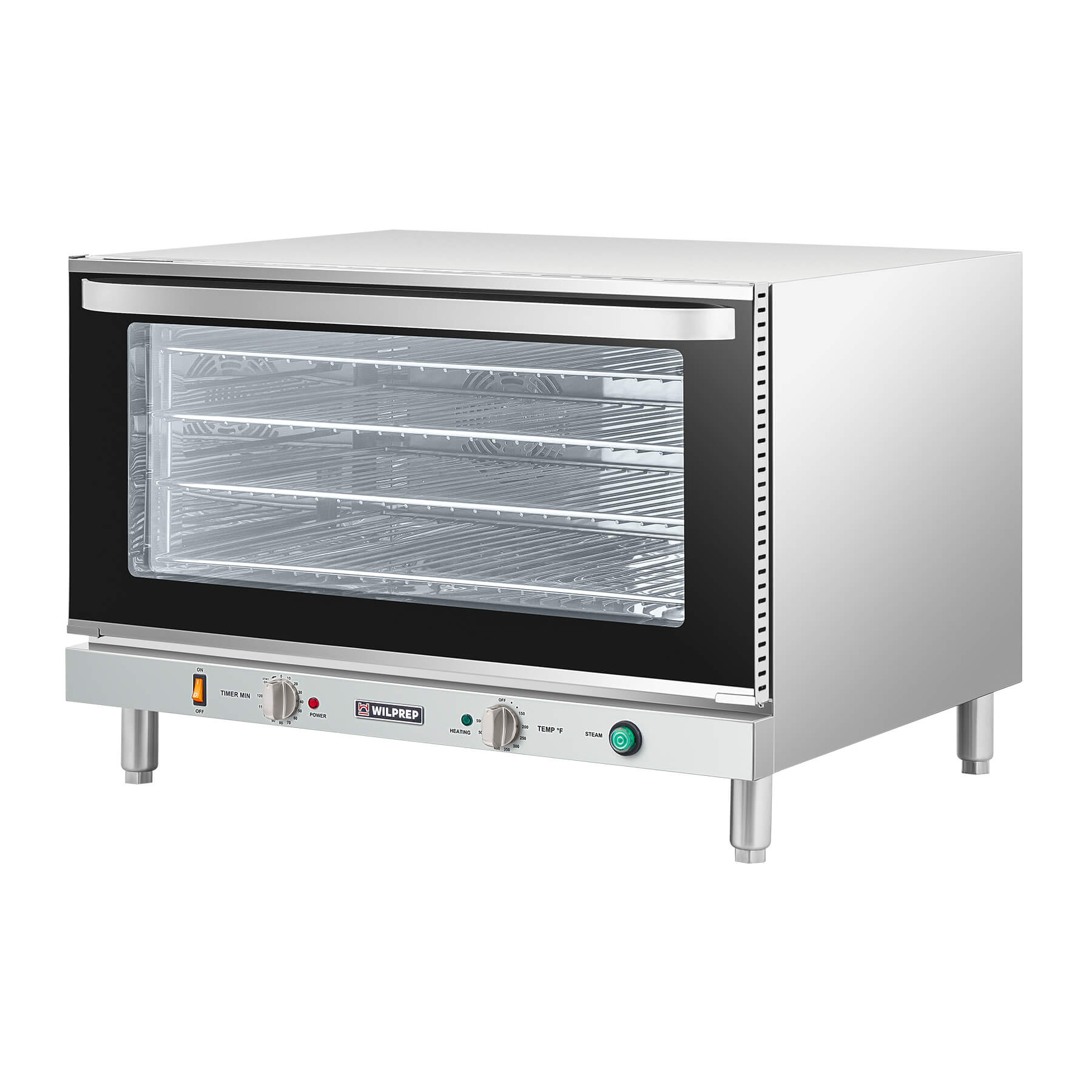 A full size countertop convection oven with visible wire racks inside, and temperature control knobs on the front.