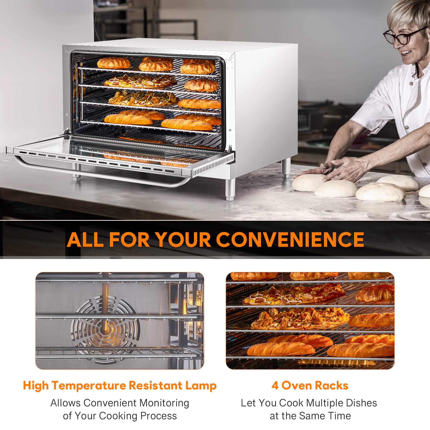 A full size countertop convection oven with visible wire racks inside, and temperature control knobs on the front.