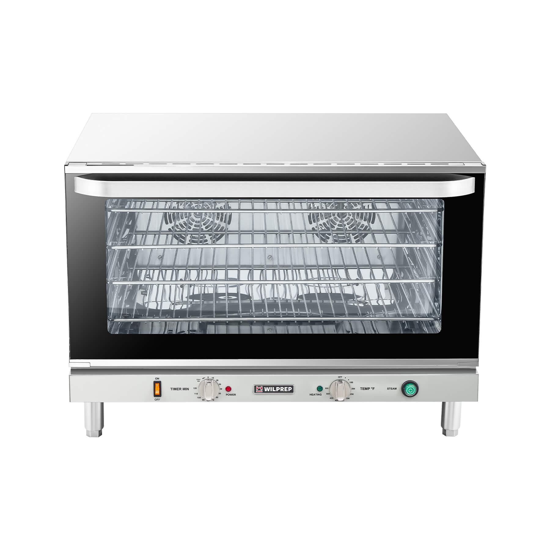 A full size countertop convection oven with visible wire racks inside, and temperature control knobs on the front.