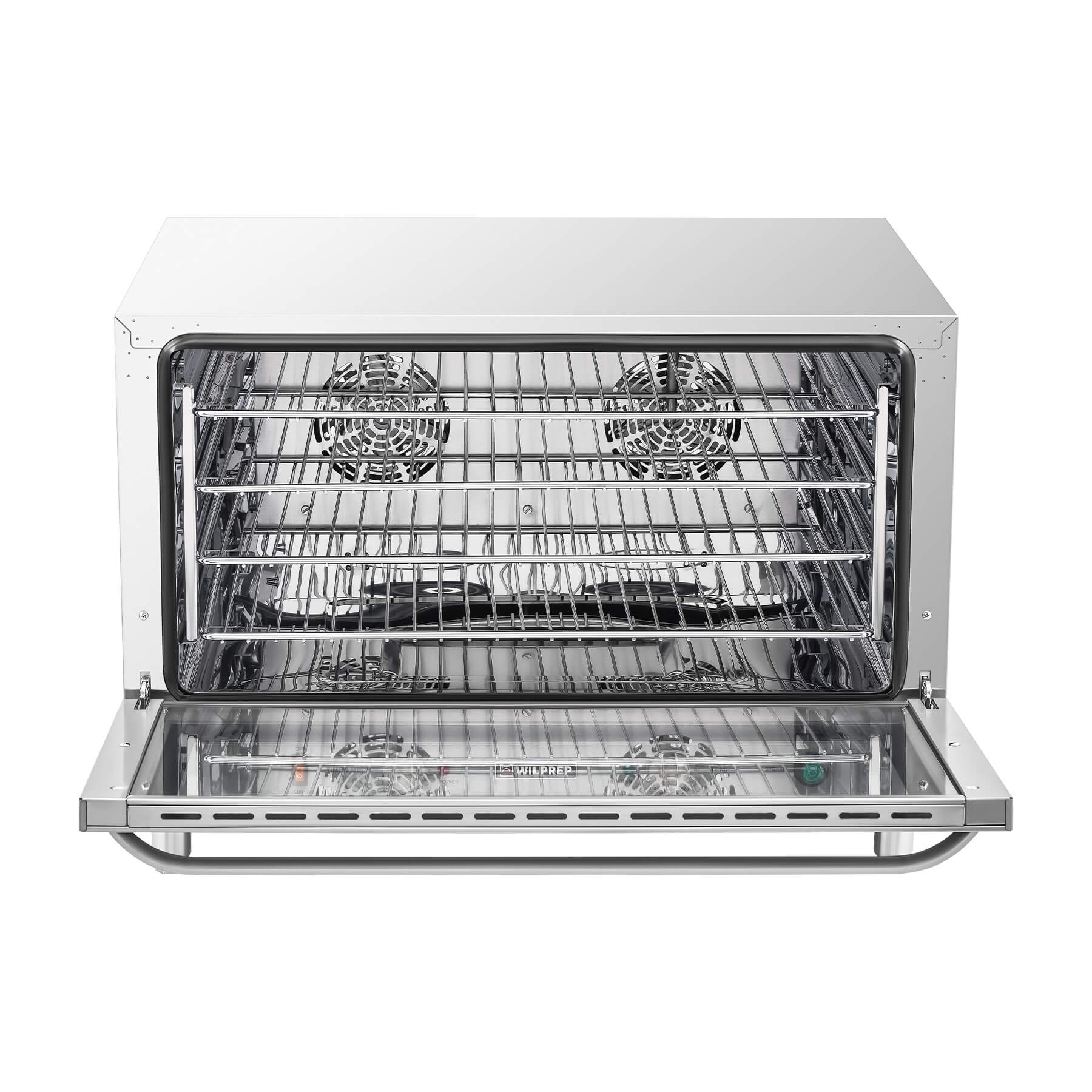 A full size countertop convection oven with visible wire racks inside, and temperature control knobs on the front.