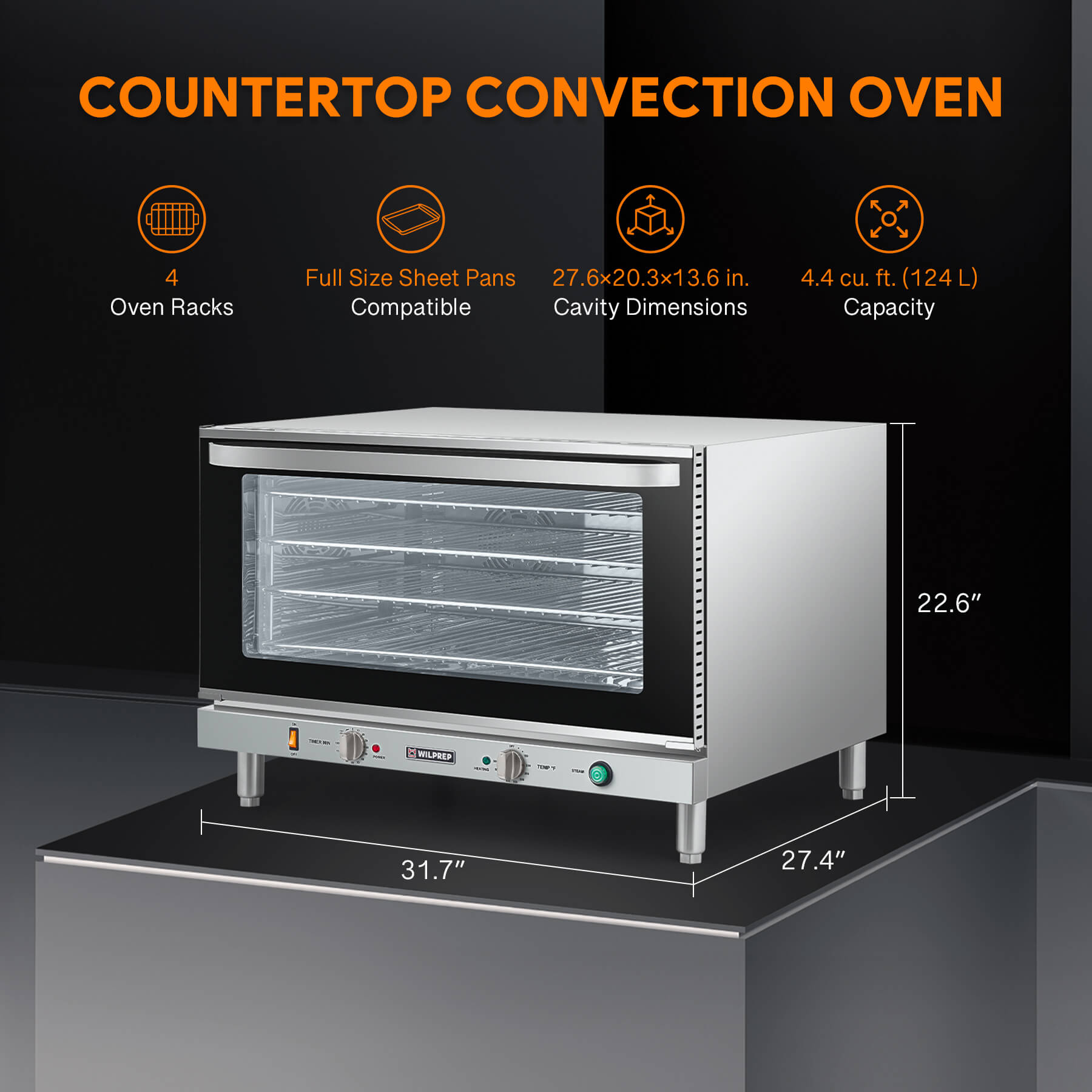 A full size countertop convection oven with visible wire racks inside, and temperature control knobs on the front.