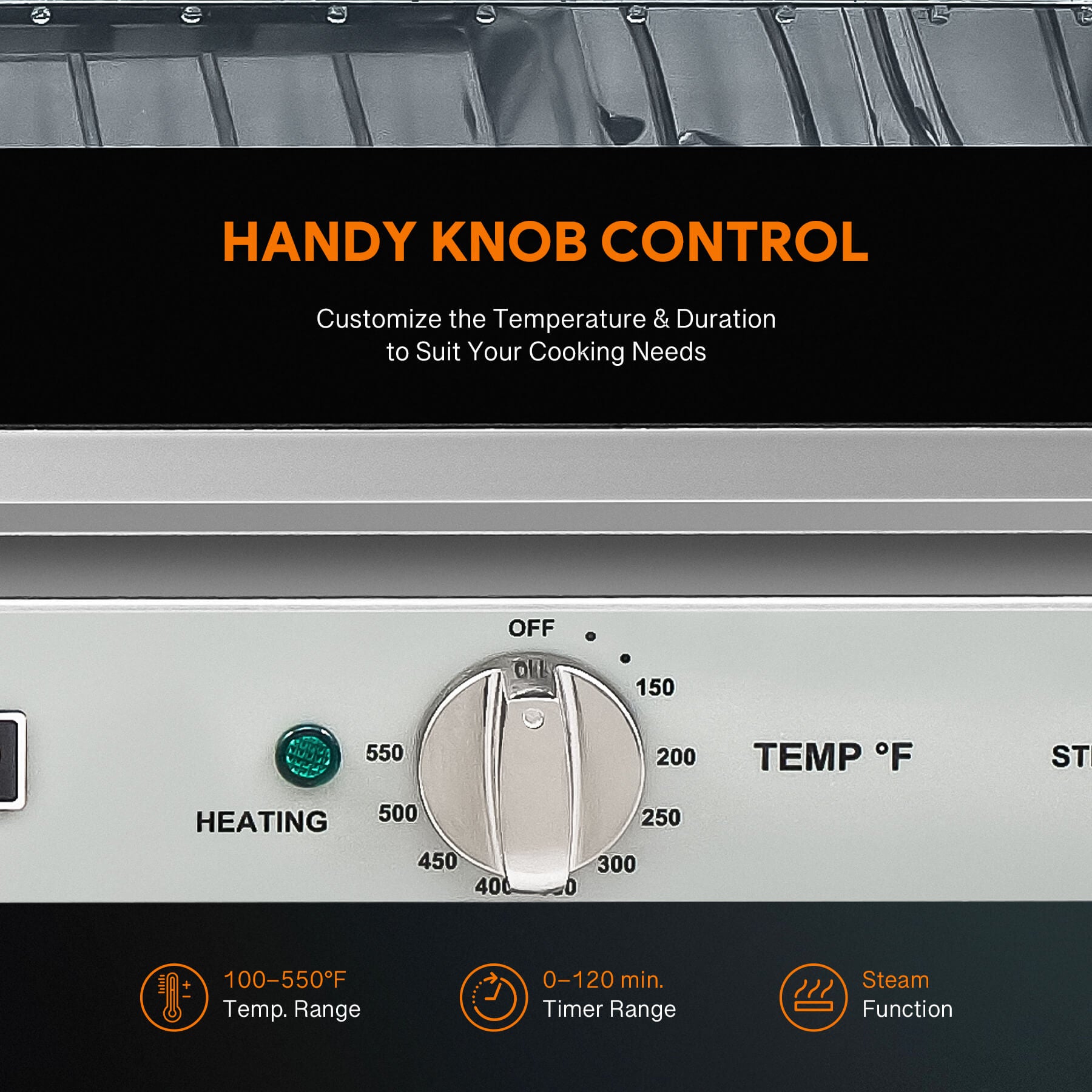 A full size countertop convection oven with visible wire racks inside, and temperature control knobs on the front.