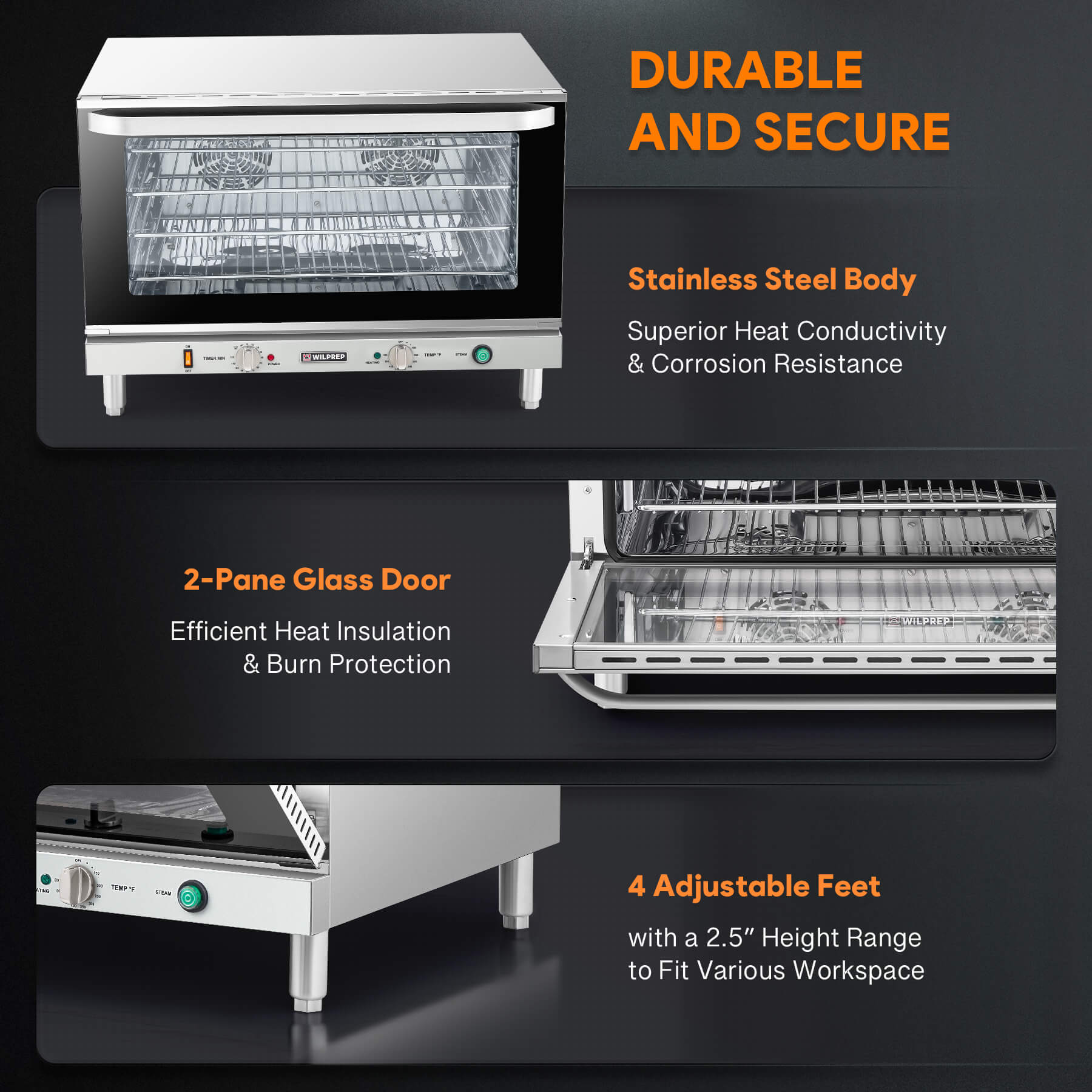 A full size countertop convection oven with visible wire racks inside, and temperature control knobs on the front.